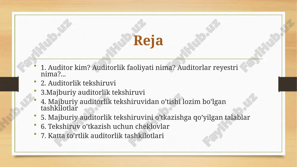 i majburiy auditorlik tekshiruvidan o‘tishi lozim: aksiyadorlik jamiyatlari; banklar va boshqa kredit tashkilotlari; sug‘urta tashkilotlari; investisiya fondlari hamda yuridik va jismoniy shaxslarning mablag‘larini jamlovchi boshqa fondlar hamda ularning investisiya aktivlarini ishonchli boshqaruvchilari; manbalari yuridik va jismoniy shaxslarning ajratmalaridan iborat bo‘lgan xayriya, jamoat fondlari va boshqa fondlar; ustav fondida (ustav kapitalida) davlatga tegishli ulushga ega bo‘lgan xo‘jalik yurituvchi sub’ektlar va davlat unitar korxonalari; fond va tovar birjalari; hisobot yili yakunlariga ko‘ra quyidagi shartlardan bir vaqtning o‘zida ikkitasiga javob bergan tijorat tashkilotlari: aktivlarining balans qiymati bazaviy hisoblash miqdorining yuz ming baravari miqdoridan ortiq: mahsulotlarni (ishlarni, xizmatlarni) realizatsiya qilishdan olingan tushumi bazaviy hisoblash miqdorining ikki yuz ming baravari miqdoridan ortiq: xodimlarining o‘rtacha yillik soni yuz nafardan ortiq bo‘lsa. shtatida kamida ketma-ket uch yillik uzluksiz ish stajiga yoki xalqaro buxgalter sertifikatiga ega bo‘lgan kamida ikki nafar auditorning mavjudligi; auditorlik tashkilotining ishi sifatini tashqi nazoratdan o‘tkazish natijalariga ko‘ra, auditorlik faoliyati to‘g‘risidagi qonunchilikning buzilishi hollari mavjud …