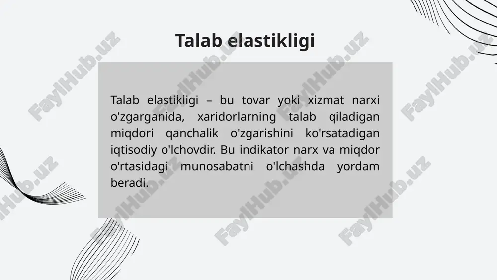 larni to'g'ri belgilashlari mumkin. agar mahsulot noelastik bo'lsa, narxni oshirish orqali daromadni oshirish mumkin. 2. davlat siyosati: soliqlar va subsidiya orqali davlat iste'molchilar va ishlab chiqaruvchilar xatti-harakatlariga ta'sir ko'rsatishi mumkin. elastikligi yuqori bo'lgan mahsulotlarga soliq joriy etish narxlarni sezilarli oshirishi va talabni kamaytirishi mumkin. 3. bozor tahlili: iste'molchilar xatti-harakatlarini tushunish va prognoz qilishda talab elastikligi ma'lumotlaridan foydalaniladi. taklif elastikligi taklif elastikligi (price elasticity of supply) nima? taklif elastikligi — bu tovar yoki xizmat narxi o'zgarganda, ishlab chiqaruvchilar tomonidan bozorga taklif qilinadigan miqdorning qanchalik o'zgarishini ko'rsatadigan iqtisodiy o'lchovdir. bu indikator narx va taklif miqdori o'rtasidagi munosabatni tahlil qilishda yordam beradi 1. ishlab chiqarish jarayoni murakkabligi: agar mahsulotni ishlab chiqarish uchun zarur bo'lgan vaqt va resurslar oson mavjud bo'lsa, taklif elastik bo'lishi mumkin, chunki ishlab chiqaruvchilar tezda ishlab chiqarishni oshirishi yoki kamaytirishi mumkin. 01 02 03 04 2. vaqt omili: qisqa muddatda taklif ko'pincha noelastik bo'ladi, chunki ishlab chiqaruvchilar ishlab chiqarishni tezda …