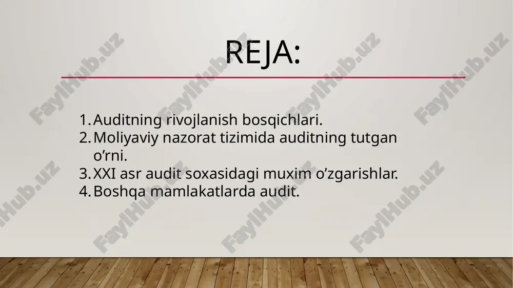 da, yer egasi bir shaxsga yer xaqini ijarachilardan to’plashni, ikkinchi shaxsga esa mustaqil ravishda shu to’plangan mablag’larning xisobini yuritish vazifasini topshirgan. ma’lum davrdan keyin esa yer egasi auditorni taklif qilgan va yer xaqi bo’yicha xisob kitob ma’lumotlari bilan haqiqatda kelib tushgan pul mablag’larini o’zaro solishtirishni so’ragan. auditor solishtirish natijalarini yer egasiga taqdim etgan va yuzaga kelgan farqlar sababini aniqlagan. sano’at revolyutsiyasi davrida audit ushbu davr angliyada davlat ro’yxatidan o’tgan dunyodagi dastlabki korporatsiyalar, ya’ni aktsiyadorlik jamiyatlarining yuzaga kelishi bilan izoxlanadi. bu davrda ushbu korporatsiyalarning moliyaviy hisobotlari xozirgidagi kabi korporatsiya direktorlari kengashi tomonidan tayyorlangan. ammo ushbu moliyaviy hisobotlarning auditini esa tashqaridan jalb etilgan mustaqil auditor emas, balki shu korporatsiyalarning aktsiyadorlari o’tkazganlar. bunga sabab, o’sha vaqtlardagi qonun talabiga ko’ra, korporatsiya moliyaviy hisobotlarini audit tekshiruvidan o’tkazmoqchi bo’lgan shaxs birinchi navbatda shu korporatsiyaning aktsiyasiga ega bo’lishi lozim bo’lgan. zamonaviy audit xozirgi zamonaviy auditining asoslari xix asr o’rtalarida, ya’ni 1844 yilda buyuk britaniyada «kompaniyalar to’g’risidagi qonun»ning …