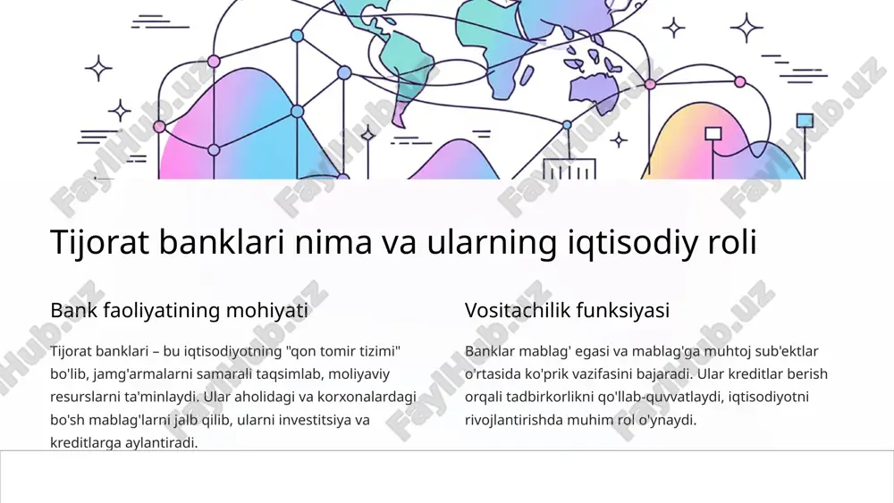 xizmatlar ko'rsatish evaziga komissiya to'lovlarini jalb qiladi. 02 foiz tamoyili mablag'larni jalb qilishda foiz to'lash, kredit berishda esa yuqoriroq foiz olish tamoyili bank faoliyatining asosiy iqtisodiy mexanizmidir. 03 pul muomalasi tizimi tijorat banklari naqd pul muomalasini mustahkamlash va to'lov tizimini zamonaviylashtirish hamda rivojlantirishda hal qiluvchi rol o'ynaydi. 5 tijorat banklarining xizmatlari va operatsiyalari asosiy bank operatsiyalari jismoniy va yuridik shaxslarga omonat qabul qilish kredit va ssudalar berish hisobvaraqlarni yuritish to'lovlarni amalga oshirish zamonaviy xizmatlar pul o'tkazmalari va hisob-kitoblar bank kartalari xizmatlari mobil va internet banking konversion amaliyotlar qo'shimcha xizmatlar seyf va yacheykalarni ijaraga berish moliyaviy maslahatlar investitsion bank xizmatlari valyuta almashish 6 tijorat banklarini tashkil etishda iqtisodiy mustaqillik va risklar moliyaviy mustaqillik banklar o'z ustav fondlari va jalb qilingan mablag'lar hisobidan mustaqil faoliyat yuritadi. bu ularning biznes qarorlarida erkinlik beradi. risklarni boshqarish faoliyatda yuzaga keladigan barcha moliyaviy risklarni, jumladan kredit, likvidlik va bozor risklarini o'z zimmasiga oladi va boshqaradi. foydaga …