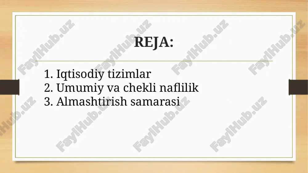 zor samaradorligini uyg‘unlashtiradi. kamchiliklari: davlat aralashuvi ba’zan ortiqcha byurokratiyaga olib kelishi mumkin. misol: o‘zbekiston, fransiya, shvetsiya. umumiy va chekli naflilik naflilik – bu iste’molchi tomonidan mahsulot yoki xizmatdan olinadigan qoniqish darajasidir. u subyektiv (har bir odam uchun har xil) va o‘lchanadigan (asosan birliklarda) bo‘lishi mumkin. 🔹 umumiy naflilik (total utility, tu) ta'rifi: umumiy naflilik – bu iste’molchi ma’lum miqdordagi mahsulot yoki xizmatni iste’mol qilish orqali oladigan umumiy qoniqishdir. xususiyatlari: iste’mol qilinayotgan mahsulotlar soni oshgani sari umumiy naflilik oshadi. ammo ma’lum bir vaqtdan keyin oshish sur’ati pasayadi (bu “chegaraviy naflilikning kamayish qonuni” bilan bog‘liq). misol: agar siz 1 ta olma yeganingizda 10 birlik, 2 ta olma yeganingizda 18 birlik, 3 ta olma yeganingizda 24 birlik qoniqish his qilsangiz, bu sizning umumiy nafliliklaringiz bo‘ladi: 👉 tu₁ = 10, tu₂ = 18, tu₃ = 24 🔹 chekli naflilik (marginal utility, mu) chekli naflilik – bu iste’molchi tomonidan qo‘shimcha 1 dona mahsulot iste’mol qilish …