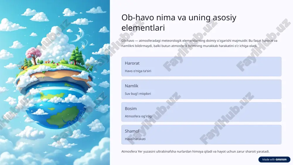 harorat 6°c pasayadi. 02 stratosfera ozon qatlamini o'z ichiga oladi, ultrabinofshasiga qarshi himoya beradi 03 yuqori qatlamlar mezosfera va termosfera: yulduz uchishi va qutb yog'dulari sodir bo'ladi atmosfera bosimi o'zgarishi tsiklon va antisiklonlarni keltirib chiqaradi, bu esa shamol va yog'inlarni boshqaradi. 6 o'zbekistonda ob-havoning tabiiy o'zgarishlari qishki sharoyit sovuq havo massalari haroratni -30°gacha pasaytiradi. tuproq muzlaydi, ekinlar zarar ko'radi va qor qoplami paydo bo'ladi. yozgi sharoyit 45-50°gacha issiq va quruq havo, past namlik. chang bo'ronlari ko'p uchraydi va suv talabi ortadi. muhim: garmsel shamoli yoz davomida ekinlarga katta zarar yetkazadi va tuproqni quritadi. 7 zamonaviy texnologiyalar yordamida ob-havoni o'rganish sun'iy yo'ldoshlar real vaqtda ob-havo kuzatish va prognozlash anemometrlar shamol tezligi va yo'nalishini o'lchash diagrammalar shamol rejimlarini tahlil etish va bashorat o'zbekiston gidrometeorologiya xizmati ob-havo prognozlarini aniq va tezkor taqdim etadi, bu aerodrom va qishloq xo'jaligida juda muhimdir. 8 tabiiy o'zgarishlarning inson va tabiatga ta'siri ekinlarga zarar sovuq havo oqimlari ekinlarni …