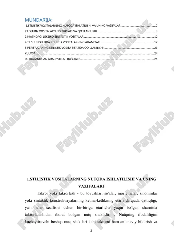 di. bundan tashqari, epifora, ya'ni ikki yoki undan ortiq ibora oxirida so'zning takrorlanishi va halqa takrori yoki qolip mavjud. birlashmalarning takrorlanishi polisindeton deb ataladi. tavtologiyani bayonot mazmuniga hech narsa qo'shmaydigan takrorlash deb atash odatiy holdir. berilgan misollardan ko'rinib turibdiki, bu faqat xabarning mantiqiy mazmuniga, birinchi turdagi ma'lumotlarga tegishli[footnoteref:1]. [1: andersen, h., and hepburn, b. (2015). “scientific method,” in the stanford encyclopedia of philosophy. ] gapning mantiqiy zaruriy elementlarining tushib qolishi turli shakllarga ega bo‘lishi va turli stilistik vazifalarga ega bo‘lishi mumkin. bu bir qismli va to'liq bo'lmagan jumlalardan foydalanishni o'z ichiga oladi, bu ellips deb nomlanadi. avvalo, stilistika fanining o‘rganish obyekti haqida turh qarashlar mavjud. akademik v.v.vinogradov stilistika bahsida bir-biri bilan aloqador, lekin vazifalari jihatdan farqlanadigan 3 ta tekshirish aspektini ko‘rsatish zarurligini aytadi. ular quyidagilar: 1. tilning funksional stillarini o‘iganuvchi stilistika. bu structural stilistika deb ham yuritiladi. struktural stilistikaning vazifasi uning struktural elementlari bo‘lgan rasmiy, ilmiy, publitsistik, badiiy stillarning o'ziga …