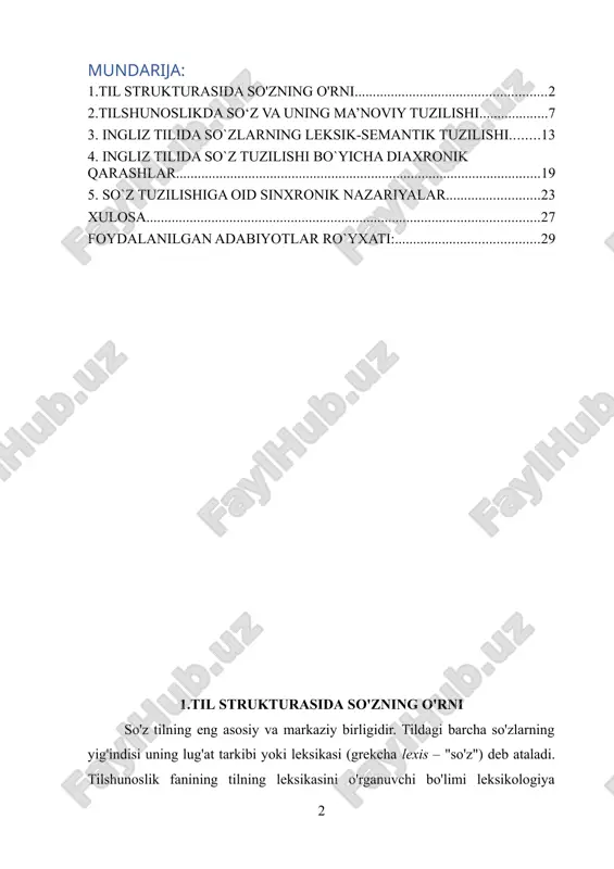 olariga ega bo'lmagani sababli bir tomonlama, ya'ni faqat ifoda jihati bilan chegaralangan birliklardir. boshqa birliklar (so'z, so'z birikmasi, gap) esa ikki tomoniga – ifoda va mazmun jihatiga egadir. binobarin, leksikologiya va semasiologiya ko'p tarmoqli bo'lib, har tomonlama chuqur tekshirishni taqozo qiladi. so'z tilda turli funksiyalarni bajaradi. so'zlarning atash, ya'ni nominativ funksiyasi nominatsiya nazariyasi yoki onomasiologiyada o'rganiladi. so'zlarning ekepressiv ma'no berish funksiyasi leksik stilistika yoki so'z stilistikasida qaraladi. so'zlarning kelib chiqishini o'rganuvchi soha etimologiya (grekcha etymon – haqiqat, logos – ta'limot) deb ataladi. turg'un so'z birikmalari va iboralarni frazeologiya ilmiy tadqiq qiladi. tilning lug'at tarkibidagi kishi nomlarini onomastika (grekcha onomastive – nom qo'yish san'ati), geografik nomlarni toponimika (grekcha topos – joy va onyma – nom) o'rganadi. boshqa turli nomlarni o'rganuvchi sohalar ham mavjud. til strukturasida so'z alohida o'rin egallaydi. ko'pchilik tillar uchun so'z mustaqil til birligi hisoblanadi. ba'zi tillarda, xususan, polisintetik tillarda (eskimos, aleut tillarida) so'z alohida til birligi sifatida qaralmaydi. …