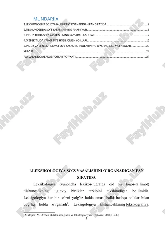 chi bog‘lanishlar va boshqalar) hisobga olgan holda lug‘atning birorta ham bo‘limi ajratilmaydi, har qanday leksik birliklar o‘rtasida munosabatlar o‘rnatiladi. leksikologiya tilning lug'at boyligini to'ldirish va rivojlantirish yo'llarini o'rganadi. so`z boyligini oshirishning 4 ta usulini ajratib ko'rsatadi, ulardan uchtasi tilning ichki resurslaridan foydalanishga asoslangan - yangi so'zlar yaratish, so'z birikmasini shakllantirish, yangi ma'nolarning shakllanishi, ko'p ma'nolilik, ma'nolarning ko'chishi va ma'nolarning bo'linish usullari o'rganiladi va to'rtinchisi - boshqa tillar resurslarini jalb qilish bo'yicha - qarz olish. o‘zlashgan so‘zlarning birikish omillari va shakllari o‘rganiladi. leksikologiyaning muhim jihati so'zlarni voqelik bilan bog'liqligini o'rganishdir, chunki ma'lum bir davrdagi jamoaning hayotiy tajribasi so'zlarda, ularning ma'nolarida to'g'ridan-to'g'ri belgilanadi. shu munosabat bilan lug'at va madaniyat, lingvistik nisbiylik muammosi (lug'atning "dunyoni ko'rishga" ta'siri), so'z ma'nosidagi lingvistik va ekstralingvistik komponentlar, fon lug'ati va boshqalar kabi muammolar ko'rib chiqiladi. quyida leksikologiyaning qaysi sohalarni o`rganishi bo`yicha jadval keltirilgan: leksikologiyaning umumiy, xususiy, tarixiy, qiyosiy va amaliy turlari mavjud. general, ya`ni umumiy leksikologiya lug'atning …