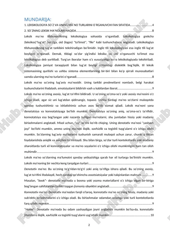 fonema va morfemalar so’zning asosiy birliklari; so’zlar asosiy mustaqil birlik bo’lib, o’z o’rg’usiga ega. urg’u so’zning fonetik jixatdan butunligini ta‘minlab, undagi tovushlarni birlashtiradi va shu bilan birga nutq. jarayonida bir suzni ikkinchisidan farqlashga xizmat qiladi. so’zning butunligini kursatuvchi bir dalil pauzadir. ma‘lumki, so’z bir harakatda talaffuz qilinib, uni pauzalarga bulish mumkin emas. hozirgi zamon tilshunosligida suzning ma‘nosini, signifikat atamasi bilan, so’z anglatayotgan ma‘no denotat atamasi orqali nomlash mumkin. 2. yuqorida qayd qilinganidek, so’zning moddiy tomoni tushunchani aks ettiradi. bu ishora boshqa ishoralardan tubdan farq qiladi. buning boisi shundaki, til ishoralari odatda, fakat mulokatga xizmat kiladi. boshka signal sistemalaridagi ishoralar esa (masalan, svetoforning yashil, sariq., qizil ranglari) tabiat va jamiyatda boshqa masalalarda xam ishlatilmaydi, rangni ifodalaydi, signal sistemasi ishora sifatida qo’llanishi esa ularning ikkilamchi jamiyat a‘zolari orasida shartlashib, kelishib olingan vazifasidir. ma‘lumki, so’zning moddiy qobigi (tomoni) tushunchaning ishorasi deb karaladi. bu urinda suzning ma‘nosini xam tushunchaning ishorasi deb bo’ladimi? yo’q., albatta. …