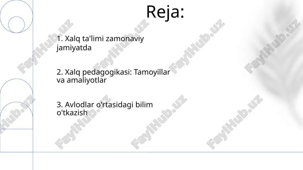 i an'analar davomiyligini ta'minlaydi. xalq pedagogikasi ko'pincha ko'nikmalar va madaniy merosni uzatish uchun hikoya aytish, kuzatish, taqlid qilish va ishtirok etishni qo'llaydi. 8. xalq ta'limi ta'siri identifikatsiya va jamiyatga xalq pedagogikasi tajriba orqali o'rganish, hikoya aytish va amaliy ko'nikmalarga e'tibor qaratadi. xalq ta'limi umumiy tajriba va qadriyatlar orqali shaxs va jamiyatni shakllantiradi. 9. kuzatish va taqlid qilishning ahamiyati. avlodlar almashinuvi kuzatish, taqlid qilish va to'g'ridan-to'g'ri ko'rsatmalar orqali amalga oshiriladi, bu esa urf-odatlar va amaliyotlarning davomiyligini ta'minlaydi. xalq pedagogikasida o'rganish uchun kuzatish va taqlid qilish juda muhim, bu avloddan avlodga ko'nikma va bilimlarni uzatishda muhim rol o'ynaydi. 10. 21-asrda xalq ta'limini saqlash va qayta tiklash xalq pedagogikasidagi ta'lim usullari: bu xalq an'analarida joylashgan noyob o'qitish va o'rganish usullarini o'z ichiga oladi, ko'pincha amaliy tajriba, hikoya aytish va jamoatchilik bilan ishlashga urg'u beradi. 21-asrda xalq ta'limini saqlash va tiklash: bu an'anaviy bilimlar, amaliyotlar va qadriyatlarni saqlash bilan birga ularni zamonaviy sharoitlarga moslashtirishni …