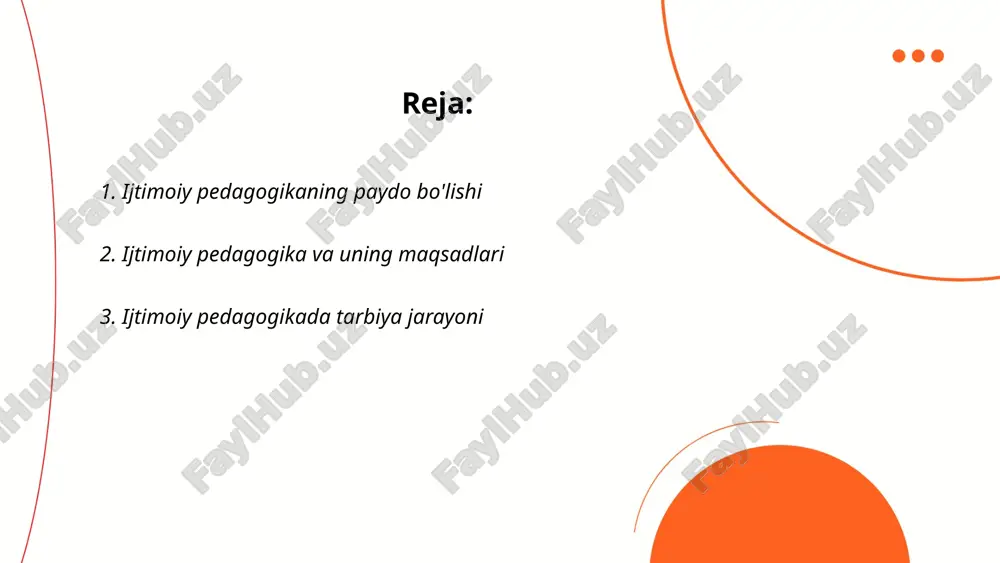 ya jarayoni jamiyatdagi ijtimoiy va ma'naviy qadriyatlarni avlodlarga yetkazish va mustahkamlashga yo'naltirilgan. ushbu jarayonda oilaviy muhit, maktab, ommaviy axborot vositalari va ijtimoiy tashkilotlar muhim rol o'ynaydi. ijtimoiy tarbiya orqali bolalar ijtimoiy norma va qadriyatlarni o'zlashtiradi. ta'lim va tarbiyani uyg'unlashtirishda 60-70% ijtimoiy muhit ta'sir ko'rsatadi. pedagoglar ijtimoiy jarayonlarni boshqarishda 25-30% rol o'ynashadi, bunda interaktiv metodlar va ijtimoiy loyihalar samaradorlikni oshiradi. maqsad — jamiyatda har bir shaxsning ijtimoiy jihatdan ongli va mas'uliyatli bo'lishini ta'minlash. har bir maktab o'zining ijtimoiy tarbiya dasturiga ega bo'lishi kerak, bu 40% an'anaviy uslublar va 60% zamonaviy metodlarni o'z ichiga olishi lozim. ... t.me/slaydai_bot 4. ijtimoiy pedagogikada kompetensiyalar ijtimoiy pedagogikada kompetensiyalar turli ijtimoiy vaziyatlarda samarali ishlash uchun zarur bilim, ko'nikma va qobiliyatlarni o'z ichiga oladi. bular odamlar bilan samarali muloqot qilish, muammolarni hal qilish va qaror qabul qilish qobiliyatlarini o'z ichiga oladi. bundan tashqari, ijtimoiy pedagoglar uchun madaniy sezgirlik va turli ijtimoiy guruhlar bilan ishlash bo'yicha bilimlar ham …