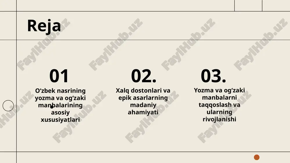 o‘lishi mumkin. 1 2 oʻzbek nasrining rivojlanish bosqichlari tarixiy rivojlanish oʻzbek nasri qadimdan yozma va ogʻzaki shakllarda rivojlangan. folk dostonlar va epik asarlar bu jarayonning asosiy manbalari bo‘lgan. muayyan davrlar va taʼsiri navoiy davri va 19-asrdagi yozma adabiyot rivojlangan davrlar bo‘lib, ularning uslubiyati va mavzulari o‘ziga xos xususiyatlarga ega bo‘lgan. zamonaviy holat hozirgi zamonda o‘zbek nasri yangi uslublar va mavzular bilan boyib, yoshlar orasida keng tarqalmoqda, zamonaviy texnologiyalar va ommaviy axborot vositalari taʼsir qilmoqda. xalq dostonlarining o'ziga xosligi xalq dostonlari – uzun epik she'rlar bo‘lib, xalq tarixiy, madaniy va dini qadriyatlarini aks ettiradi. ular asosan epik janrda bo‘lib, qahramonlar, janglar, muhabbat va ma’naviy qadriyatlarni tasvirlaydi. masalan, "alpomish" va "sogʻlom nasl" dostonlari xalqning qahramonligi, adolat va avlodlar davomiyligini ifodalaydi. ular og‘zaki an’anada avloddan-avlodga o‘tadi. photo by egor vikhrev on unsplash epik asarlar xalqning tarixiy xotirasini saqlaydi. abu rayhon beruniy xalq dostonlarining madaniy ahamiyati xalq dostonlari o'zbekiston madaniyatining ajralmas qismi bo'lib, ularning …