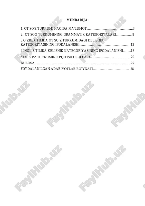 vchi sonning –ov, -avlon affiksli turi (ikkov, ikkavlon), fe’lning harakat nomi shakli (o‘qish, yozuv) kiradi; 2) otlashuvchi so‘zlar. bu guruhga grammatik son, egalik, kelishik shakllaridan birida qo‘llanilib, muayyan matn doirasidagina ot vazifasida ishlatlishi mumkin bo‘lgan sifat, son va ular o‘rnida qo‘llanadigan olmoshlar (qanday, qancha, nechta), ba’zi bir ravishlar, fe’lning sifatdosh shakli kiradi. otning ma’no guruhlari. otlar ma’no jihatdan quyidagi guruhlarga bo‘linadi: 1. atoqli otlar. bir turdagi narsa yoki hodisalarning birini ajratib ko‘rsatish uchun xizmat qiladigan otlar atoqli otlar deyiladi. atoqli otlar shaxs ismlari, havonlarning atoqli nomlari, tashkilot va gegrafik makon nomlari, koinot jismlari 1 m.irskulov tilshunoslikka kirish. t., «ukituvchi» 1992. https://hozir.org/reja-grammatik-mano--grammatik-munosabat-ifodalaydigan-umumiy.html 4 nomlari, suv havzalari, tashkilot nomlari kabi guruhlar doirasida uchraydi: alisher, ulug‘bek, zarafshon, toshkent, samarqand, mars kabi. bunday atoqli otlar o‘zaro tub va yasamaligi hamda tuzilishiga ko‘ra farqlanishi mumkin. masalan, lola, go‘zal, amir, gavhar orol kabi otlar sodda tub, ilonli, do‘stlik, paxtakor kabi atoqli otlar sodda yasama, ulug‘bek, alisher, …