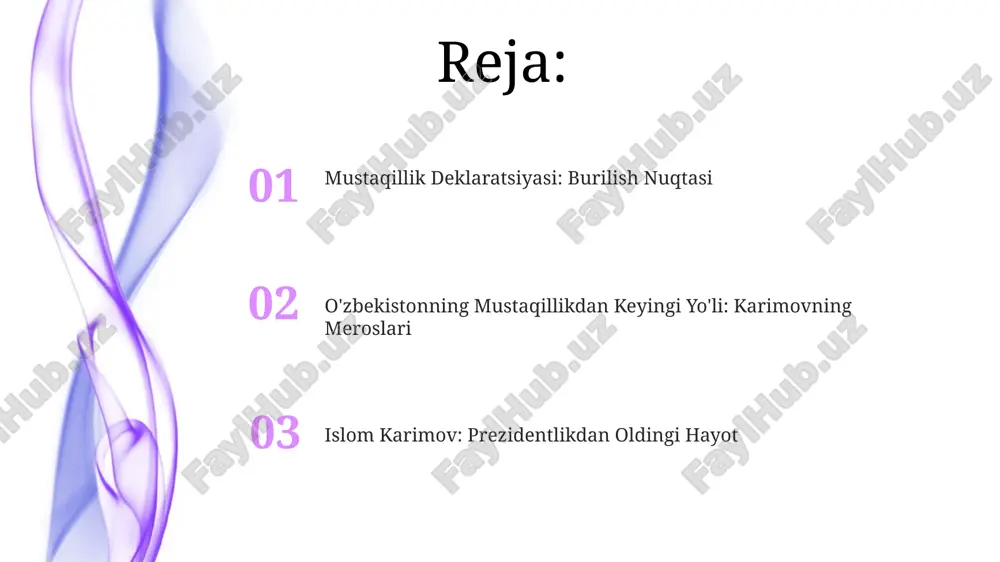 davlat nazorati va paxta yetishtirishga e'tibor qaratishga asoslangan edi. oʻzbekiston mustaqilligining taʼsiri o'zbekiston mustaqillikka erishdi, sovet hokimiyatiga chek qo'ydi va siyosiy hamda iqtisodiy kelajagini shakllantirdi. mustaqillik deklaratsiyasi o'zbekistonning o'zini o'zi boshqarish yo'lida muhim bir bosqich bo'ldi. mustaqillikka yo'l: sovet hokimiyati ostida o'zbekiston islom karimov 1991-yilda o'zbekistonni mustaqillikka olib chiqqan asosiy shaxs sifatida paydo bo'ldi. o'zbekistonning kelajagi: qiyinchiliklar va imkoniyatlar islom karimov, o'zbekistonning birinchi prezidenti, mamlakatni sovet ittifoqidan mustaqillikka erishish yo'lida boshqargan va taraqqiyot hamda tortishuvlar bilan to'lgan meros qoldirgan. 1991 yilda o'zbekistonning mustaqillik deklaratsiyasi sovet hukmronligining yakuniga yetganini va mamlakat uchun yangi davrning boshlanishini, shuningdek, o'z-o'zini boshqarish istagini bildirdi. e'tiboringiz uchun rahmat @taqdimot_robot image4.jpg image5.jpg image6.jpg image7.jpg image8.jpg image9.jpg image10.jpg image11.jpg image12.jpg image1.jpeg image2.jpeg image3.jpeg