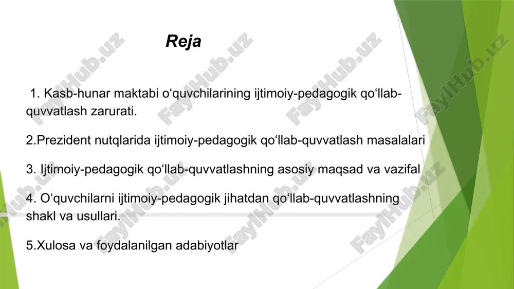 k, muloqotda qiynalish psixolog bilan suhbatlar, treninglar barqaror ruhiy holat, o‘zini anglash va boshqarish ko‘nikmalari kasb-hunar maktabi o‘quvchilari kasb-hunar maktabi o‘quvchilari. bu o‘rta ta’limdan keyin tanlangan kasb yo‘nalishida bilim va amaliy ko‘nikma olayotgan yoshlar bo‘lib, ularning aksariyati 15–20 yosh oralig‘idagi o‘smir va yetuklik davridagi shaxslardir. ular mustaqil hayotga, mehnat bozoriga va jamiyatga kirish davrida turadilar. ijtimoiy-pedagogik qo‘llab-quvvatlash ijtimoiy-pedagogik qo‘llab-quvvatlash — bu o‘quvchining shaxsiy, ijtimoiy, ma’naviy va kasbiy rivojlanishini ta’minlashga qaratilgan uzluksiz va tizimli pedagogik jarayon bo‘lib, unda o‘qituvchi, psixolog, ijtimoiy pedagog, ota-ona va mahalla kabi ijtimoiy institutlarning hamkorligi muhim o‘rin tutadi.ushbu qo‘llab-quvvatlashning asosiy maqsadi — o‘quvchining ijtimoiy muhitga moslashuvini yengillashtirish, turli hayotiy muammolarni mustaqil hal eta olish ko‘nikmasini shakllantirish, o‘zini jamiyatning to‘laqonli a’zosi sifatida his qilishiga yordam berishdir. ijtimoiy-pedagogik qo‘llab-quvvatlash nafaqat moddiy yoki tashkiliy yordamni, balki psixologik, axloqiy, ma’naviy va tarbiyaviy yordamni ham o‘z ichiga oladi. u o‘quvchining ijtimoiy faolligini oshirish, o‘ziga ishonchini mustahkamlash, kasbiy yo‘nalishini to‘g‘ri tanlash hamda ijobiy …