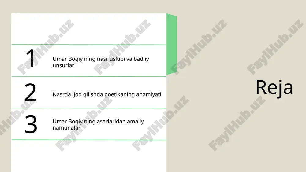 lsafiy ma'nosini ochib berishga yordam beradi. bu yozuvchi inson ruhiyatiga va jamiyat muammolariga chuqur kirib boradi. mavzularni tahlil qilish va ularning badiiy ahamiyati mavzularni tahlil qilishda, umar boqiy asarlarida muhim mavzularni aniqlash va ularning yozuvchining fikr va nazaridan qanday ifoda etilishini o‘rganish muhim. ularning badiiy ahamiyati, nafaqat yozuvchilarning fikrini ifodalashda, balki o‘quvchining dunyoqarashini kengaytirishda ham katta ahamiyatga ega. bu mavzular zamonaviy muammolar va insoniyat uchun dars bo‘lib xizmat qiladi. nasrda tematik yondashuv uslubiy xususiyatlar umar boqiy ning nasr uslubida til, uslub va badiiy shakllar uning ijodida muhim rol o'ynaydi. til va uslub umar boqiy asarlarida tilning boyligi, an'anaviy va yozma uslublar, metafora va simvolizm keng qo'llanilgan. badiiy shakllar uning badiiy shakllarida metafora, simvol va tarzda bo'lishi mumkin bo'lgan badiiy uslublar mavjud. uslubiy ta'sirlar umar boqiy ning uslubiy xususiyatlari uning asarlariga estetik va ifoda kuchi bilan ta'sir ko'rsatadi. xulosa umar boqiy va o'zbek nasri umar boqiy o'zbek mumtoz nasriga yangi badiiy …