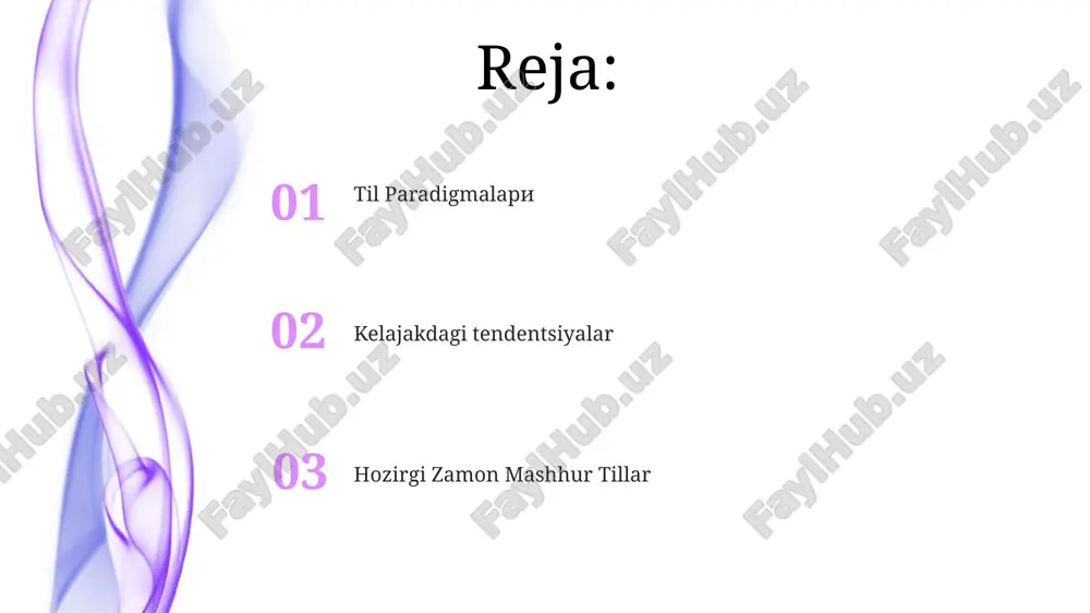rlarda boshlanishi, ishlashi va tugallanishiga imkon beradi. metaprogramlash va refleksiya metaprogramlash dasturlarni ish vaqtida o'z tuzilishi va xatti-harakatini boshqarishga imkon beradi. zamonaviy tillar ko'pincha moslashuvchanlik va kuchliroq bo'lish uchun bu texnikalarni qo'llaydi. ma'lumotlar fanı va mashina ta'limi tillari. statistik tahlil, ma'lumotlarni tasvirlash va model yaratishda mashhur. piton: ma'lumotlarni qayta ishlash, tahlil qilish va mashina o'rganishda keng qo'llaniladi. loyiha uchun to'g'ri tilni tanlash jamoa & ekosistema: kuchli jamoaga, yaxshi hujjatlashtirishga va keng kutubxonalar hamda vositalarga ega tilni izlang. til xususiyatlari: proyekt ehtiyojlariga mos ravishda, masalan, bir vaqtda ishlash, ma'lumotlar tuzilmalari va kutubxonalar kabi til xususiyatlarini tanlang. mobil ilovalarni ishlab chiqish tillari piton, javascript, c swift, java, kotlin - bu dasturlash tillarining uzbekcha tarjimalari: * swift - **swift** * java - **java** * kotlin - **kotlin** xotira boshqaruvi va axlat yig'ish xotira boshqarish va axlat yig'ish xotirani avtomatik ravishda ajratish va bekor qilishni ta'minlaydi, bu esa dasturchilarni qo'lda xotira boshqarishdan ozod qiladi. …