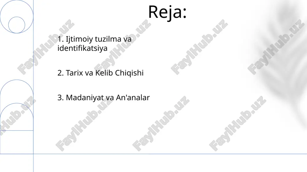 rga ega. 5. geografiya va ekologiya o'zbek madaniyati oila, mehmondo'stlik va an'anaviy san'atlarga alohida e'tibor beradi. qishloq xo'jaligi, chorvachilik va sanoat asosiy iqtisodiy faoliyatlardir. o'zbek xalqi asosan musulmon va boy madaniy merosga ega. 6. iqtisodiy faoliyatlar bugungi kunda o'zbeklar o'ziga xos urf-odat va madaniy amaliyotlarga ega bo'lgan xilma-xil aholidir, ular asrlar davomida rivojlanib kelgan. ularning tarixi buyuk ipak yo'li bilan chambarchas bog'liq, chunki ular sharq va g'arb o'rtasidagi savdo va madaniy almashinuvda muhim rol o'ynagan. o'zbek xalqi turkik etnik guruh bo'lib, uning kelib chiqishi markaziy osiyoning qadimgi ko'chmanchi qabilalariga borib taqaladi. 7. o'zbek xalqining tarixi va kelib chiqishi asosan musulmon, sunniy islom asosiy mazhabi hisoblanadi. oila va jamoa haqida kuchli tuyg'u, mehmondo'stlik va katta yoshdagilarga hurmat qilishga urg'u berilgan. an'anaviy e'tiqodlar va amallar islom bilan chambarchas bog'langan, jumladan ota-bobolarga sig'inish va xalq tabobati. 8. dini e'tiqod va amallar an'anaviy o'zbek hunarmandchiligi turli xil bo'lib, murakkab kashtalar va ipak to'qishdan tortib, …