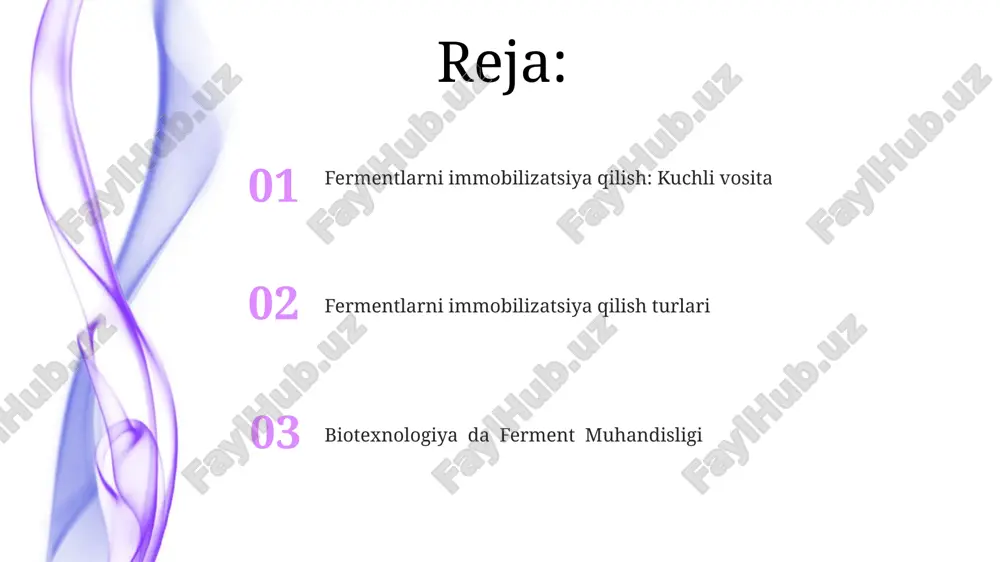 anilishi biokataliz, biosensorlar va bioremediatsiya kabi sohalarni o'z ichiga oladi. fermentlar muhandisligi fermentlarning barqarorligini, faolligini yoki o'ziga xosligini yaxshilash uchun ularning xususiyatlarini o'zgartiradi. immobilizatsiya texnikalari adsorbtsiya, kovalent bog'lanish va kapsulyatsiyani o'z ichiga oladi. fermentlarni immobilizatsiya qilish bo'yicha kelajakdagi tendentsiyalar fermentlarni immobilizatsiya qilish: barqarorlikni, qayta ishlatishni va jarayonni boshqarishni yaxshilash uchun fermentlarni cheklash usullari. fermentlarni immobilizatsiyalashning kelajakdagi tendentsiyalari: nanomateriallar, biomuvofiq tayanchlar va aqlli ferment tizimlariga e'tibor qaratish. biotexnologiya da ferment muhandisligining roli: biokataliz va biosensorlar uchun ferment barqarorligini, faolligini va o'ziga xosligini yaxshilash. biotexnologiya'da fermentlar fermentlar turli biotexnologik qo'llanmalarda ishlatiladigan biologik katalizatorlardir. fermentlar muhandisligi fermentlarni yaxshiroq xususiyatlar va qo'llanmalarga ega bo'lish uchun o'zgartiradi. fermentlarni immobilizatsiya qilish texnikasi ularni samarali foydalanish uchun muayyan joylarga cheklaydi. immobilizatsiyalangan fermentlarning afzalliklari o'zgartirilgan ferment xususiyatlari: ferment muhandisligi muayyan qo'llanmalar uchun optimallashtirilgan ishlashga ega fermentlar yaratadi. ko'p qirrali immobilizatsiya usullari: adsorbtsiya, kapsulalash va xoch bog'lash kabi turli xil texnikalar turli xil afzalliklarni taklif etadi. yuqori barqarorlik va …