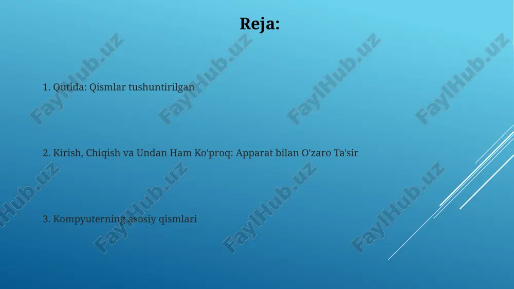 ing quvvat talablariga qarab turli xil quvvatlarga ega. barcha kompyuter qismlarini energiya bilan ta'minlaydi. periferik qurilmalar kompyuter apparati kompyuter tizimining jismoniy qismlarini, jumladan, anakart, protsessor, xotira va saqlash qurilmalarini o'z ichiga oladi. periferik qurilmalar kompyuter funktsionalligini oshiradi, apparat esa kompyuter ishining poydevorini yaratadi. operatsion tizimlar operatsion tizimlar kompyuter resurslarini boshqaradi va foydalanuvchi interfeysini ta'minlaydi. ikki narsa kompyuterlarning ishlashi uchun bir-biri bilan o'zaro ta'sir qiladi. saqlash qurilmalari saqlash qurilmalari ma'lumotlarni saqlaydi. ular kompyuterda ma'lumotlarni saqlash va ulardan foydalanish uchun muhimdir. dasturiy ta'minot va apparat ta'minoti o'zaro ta'siri ular birgalikda vazifalarni bajaradilar. dasturiy ta'minot tomonidan berilgan ko'rsatmalarni apparat bajaradi. xotira: ram va rom rom (read-only memory): tizimning muhim ko'rsatmalarini saqlash uchun doimiy xotira. ikkisi ham kompyuter apparatining muhim qismlari boʻlib, birgalikda vazifalarni bajarish uchun ishlaydi. ona plitalar kompyuterning barcha qismlarini bog'lovchi asos. mosliklikni va ishlash imkoniyatlarini aniqlaydi. chiqish qurilmalari karnay, chiqayotgan tovush. monitorlar, ma'lumotni vizual ravishda ko'rsatadi. kompyuter apparatlariga kirish kompyuter apparati: …