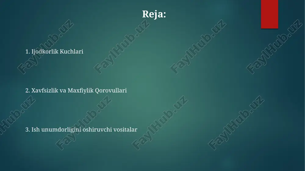 lchash ko'rsatkichlarini tahlil qilib, yaxshilanish joylarini aniqlang. resurslardan samarali foydalanishni optimallashtirish: xotira, protsessor va diskdan samarali foydalanish uchun apparat va dasturiy ta'minot sozlamalarini tuzing. ishlash vositalarini qo'llash: tizim ishlashini kuzatish, tashxislash va optimallashtirish uchun ixtisoslashtirilgan dasturlarni qo'llang. dasturlash vositalari birlashgan rivojlanish muhiti (ide) - kod tahrirlash, xatoliklarni tuzatish va qurilish vositalarini taqdim etadi. loyiha boshqaruv vositalari - dasturiy ta'minotni samarali ishlab chiqish uchun vazifalarni, muddatlarni va muloqotni tashkil qilish. versiya nazorat tizimlari (vnt) - kod o'zgarishlarini kuzatib boradi, hamkorlikni ta'minlaydi va avvalgi versiyalarga qaytish imkonini beradi. bulut saqlash va hamkorlik har qanday joydan fayllarni xavfsiz saqlang va ulardan foydalaning. hujjatlar va loyihalar ustida real vaqtda hamkorlik qiling. ish jarayonlarini soddalashtirish va samaradorlikni oshirish. avtomatlashtirish va skripting takrorlanuvchi vazifalarni avtomatlashtirish. ish jarayonlarini optimallashtirish. samaradorlikni va unumdorlikni oshirish. ma'lumotlarni vizualizatsiya qilish va tahlil qilish zamonaviy texnik vositalar shaxsiy kompyuterlarda ma'lumotlarni vizualizatsiya qilish va tahlil qilish uchun kuchli imkoniyatlar beradi. tahlil vositalari foydalanuvchilarga …