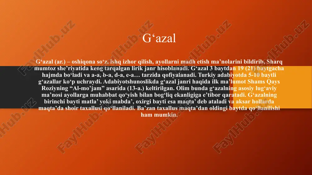 iyotida ilk g‘azal yozgan shoir sifatida abu abdullo ro‘dakiy (taxm.860-941) tilga olinadi. turkiy adabiyotda esa dastlabki g‘azal nosiruddin rabg‘uziyning “qisasi rabg‘uziy” asarida (1309-1310) uchraydi (asarda jami 26 g‘azal mavjud). g‘azalning epik poeziya tarkibida uchrashi ilk bor xorazmiyning “muhabbatnoma”sidan (1353-1354) boshlanadi (asarda keltirilgan 6 g‘azaldan 2 tasi forsiy). hofiz xorazmiy “devon”ida 1052 ta g‘azal bor. g‘azal janrining rivojlanishi va taraqqiyotida alisher navoiy- ning hissasi tengsiz. uning “xazoyin ul-maoniy” kulliyotida 2600 ta g‘azal mavjud bo‘lib, har bir devonga teng tarzda (650 tadan) joylashtirilgan. qasida qasida (ar. “maqsad”, “niyat”) – biror tarixiy shaxs yoki voqeaga bag‘ishlab yoziladigan katta hajmli baytli she’r shakli bo‘lib, hajman 12 baytdan bir necha yuz baytgacha bo‘lishi mumkin. g‘azal singari a-a, b-a, d-a, e-a…, ayrim hollarda masnaviy singari (dostonlar tarkibida kelganda) qofiyalanadi. qasida tuzilishiga ko‘ra 2 xil bo‘ladi: 1. qasidai tom (to‘liq qasida) – bunda qasida to‘rt qismdan tarkib topadi: a) nasib – lirik kirish (tabiat tasviri); b) gurizgoh …