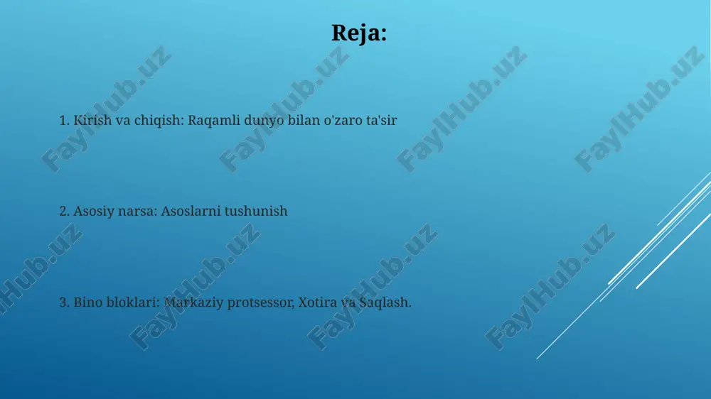 sh imkonini beradi. chiqish qurilmalari printerlar: raqamli hujjatlarning qog'oz nusxalarini yaratadi. karnay: ovoz chiqaradi. periferik qurilmalar periferik qurilmalar foydalanuvchilarga kompyuter bilan o'zaro aloqa qilish imkonini beradi, apparat esa kompyuterning ishlashini ta'minlaydi. periferik qurilmalar kompyuterga ulanadigan tashqi qurilmalar, masalan klaviatura va printerlar. saqlash qurilmalari ular fayllarni, dasturlarni va operatsion tizimlarni saqlash uchun juda muhim. turlari: qattiq disklar, ssdlar, usb haydovchilar va bulutli saqlash. markaziy protsessor qurilmasi (mpq) ghz da o'lchangan yuqori chastotalar odatda tezroq ishlov berish tezligini ko'rsatadi. kompyuterning miyasi, ko'rsatmalarni bajarish va ma'lumotlarni qayta ishlash uchun javobgar. tarmoq interfeysi karta (tik) odatda ethernet, wi-fi yoki boshqa protokollarni ishlatadi. qurilmalar o'rtasidagi aloqani ta'minlovchi jismoniy jihoz. kompyuter apparatlari haqida kirish kompyuter apparati: kompyuter tizimining jismoniy qismlari, masalan, protsessor, xotira, saqlash va kirish/chiqish qurilmalarini nazarda tutadi. bu soha apparat tizimlarini loyihalash, ishlab chiqish va amalga oshirishni o'z ichiga oladi, bu esa ichki va tashqi komponentlarni o'z ichiga oladi. bios/uefi kompyuter to'g'ri ishlashi uchun …