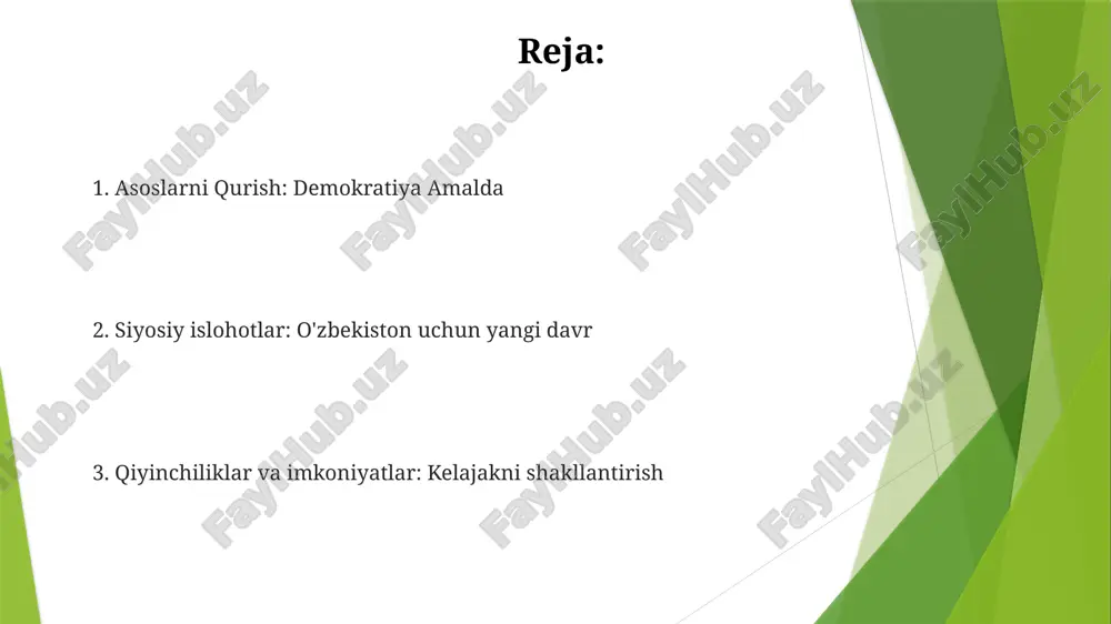 ati tashkilotlarining faoliyati uchun ochiq va inklyuziv muhit yaratdi. sudya islohati va inson huquqlari bu islohotlar inson huquqlarini himoya qilish doirasini yaratishga, shaxsiy erkinliklarni targ'ib qilishga va davlatning kuchini cheklashga hissa qo'shdi. o'zbekistondagi sud islohotlari sud hokimiyatining mustaqilligini va javobgarligini mustahkamlashga, adolatliroq va shaffofroq huquqiy tizimni shakllantirishga qaratilgan. e'tiboringiz uchun rahmat @taqdimot_robot image1.jpg image2.jpg image3.jpg image4.jpg image5.jpg image6.jpg image7.jpg image8.jpg image9.jpg