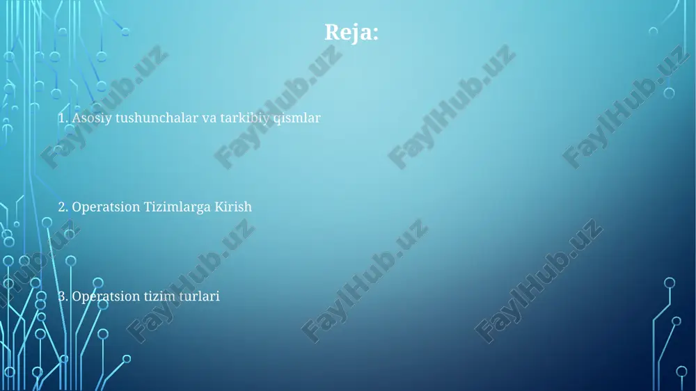 izimlar apparat resurslarini boshqaradi va dasturlar ishga tushirish uchun platforma yaratadi. zamonaviy operatsion tizimlar foydalanuvchiga qulay interfeys va samarali hisoblash uchun muhimdir. ular xotira boshqaruvi, kirish/chiqish va xavfsizlik kabi vazifalarni bajaradi. jarayonlarni boshqarish jarayonlarni boshqarish, shu jumladan yaratish, jadvalga kiritish va tugatish. jarayonlarga resurslarni taqdim etish, masalan, xotira, protsessor va kirish-chiqish qurilmalari. jarayonlar o'rtasidagi to'g'ri bajarilish va muloqotni ta'minlash. fayl tizimi kompyuter bilan o'zaro ta'sir qilish uchun foydalanuvchi interfeysi taqdim etadi. kompyuter apparat va dasturiy ta'minot resurslarini boshqaradi. fayllarni saqlash qurilmasida tartibga soladi va boshqaradi. virtualizatsiya operatsion tizimlar: kompyuter apparat va dasturiy ta'minot resurslarini boshqaruvchi dasturiy ta'minot. virtualizatsiya: bir nechta operatsion tizimni bitta jismoniy mashinada bir vaqtning o'zida ishlatish. virtualizatsiya resurslardan samarali foydalanish va moslashuvchanlikni oshirish imkonini beradi. xotira boshqaruvi ilovalar va jismoniy xotira o'rtasida abstrakt qatlam yaratish. virtual xotirani boshqarish, mavjud xotirani kengaytirish uchun ma'lumotlarni ram va disk o'rtasida almashtirish. kompyuter xotirasini samarali boshqarish, dasturlar uchun resurslarni ajratish va …