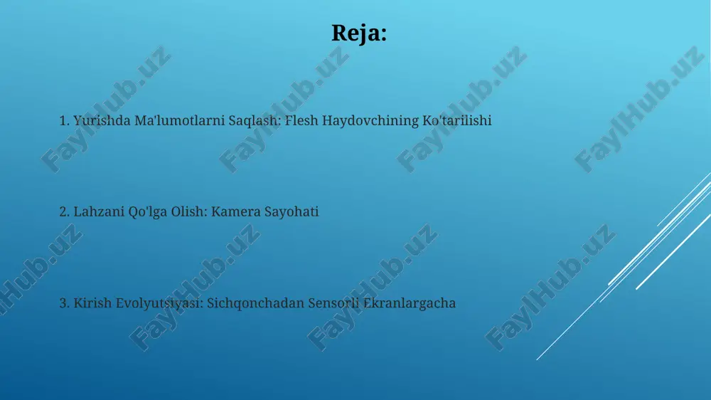 hqarish va navigatsiyani ta'minladi. simsiz sichqoncha simsiz sichqonlar: ko'chma, batareyali, bluetooth yoki usb qabul qilgich orqali ulanadi. fleshka: kompyuterlar o'rtasida fayllarni uzatish uchun mo'ljallangan kichik, ko'chma saqlash qurilmasi. flesh-xaydalardan tanishish kompyuter sichqoni: kompyuter ekrandagi kursorni boshqarish uchun ishlatiladigan ko'rsatgich qurilmasi. flesh-xaydov: kompyuterning usb portiga ulanadigan kichik, ko'chma saqlash qurilmasi. fleshka tarixi birinchi raqamli kamera 1975 yilda stiven sasson tomonidan ixtiro qilingan. birinchi flesh-xotira qurilmasi 1999-yilda ibm muhandisi dov moran tomonidan ixtiro qilingan. kamera bilan tanishish flesh xotira qurilmalari raqamli ma'lumotlarni saqlaydi va ko'chma hisoblanadi. kompyuter sichqonchasi kompyuter ekranidagi kursorni boshqaradi. kompyuter sichqonchasi tarixi kompyuter sichqoni: 1964-yilda duglas engelbart tomonidan ixtiro qilingan sichqon dastlab g'ildirakli yog'och quti edi. flash drive: 1984-yilda fujio masuoka tomonidan ixtiro qilingan, flesh-disk ma'lumotlarni saqlashning ko'chma va chidamliligi bilan inqilob qildi. fleshka turlari kompyuter sichqoni: optik, mexanik, simsiz, ergonomik, o'yin. fleshka: ma'lumot saqlash qurilmasi, kichik, ko'chma, usb ulanishi. ma'lumot saqlash va xavfsizlik ma'lumotlarni saqlash va xavfsizlik: raqamli …
