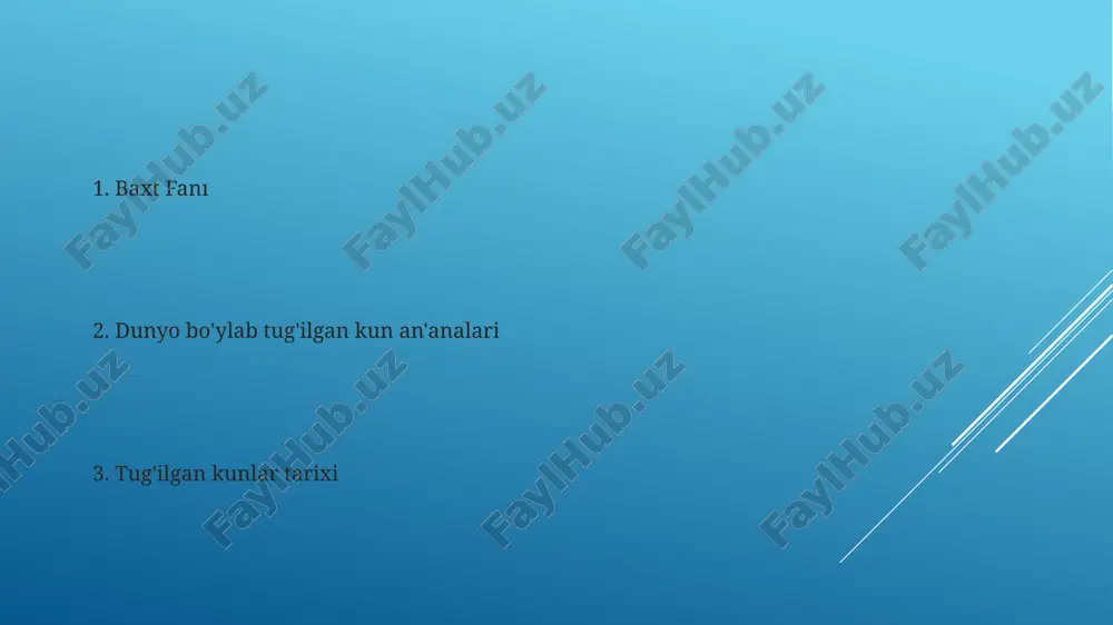 istalgan narsalar ro'yxatini tuzing. ijobiy fikrlash kuchiga ishoning. tug'ilgan kun uchun quvonch bag'ishlaydigan sovg'alar tajribalar: o'ziga xos sayohat bilan xotiralar yarating. o'ychan sovg'alar: ularning qiziqishlari va ehtiyojlarini aks ettiruvchi narsalar. umri bo'yi davom etadigan tug'ilgan kun xotiralari shodlikli bayramlar: yaqinlaringiz bilan kulishdan tortib, samimiy tilaklarga va unutilmas lahzalarga qadar, tug'ilgan kuningizni chinakam maxsus qiladigan onlarni qadrlang. tug'ilgan kun sehringiz: tug'ilgan kuningiz sizda hayratlanish hissi uyg'otsin va hayotning sehrini eslatgan bo'lsin. minnatdorchilikka to'la qalb va yorqin porlaydigan tabassum bilan nishonlang. e'tiboringiz uchun rahmat @taqdimot_robot image1.jpg image2.jpg image3.jpg image4.jpg image5.jpg image6.jpg image7.jpg image8.jpg image9.jpg image10.jpg image11.jpg image12.jpg