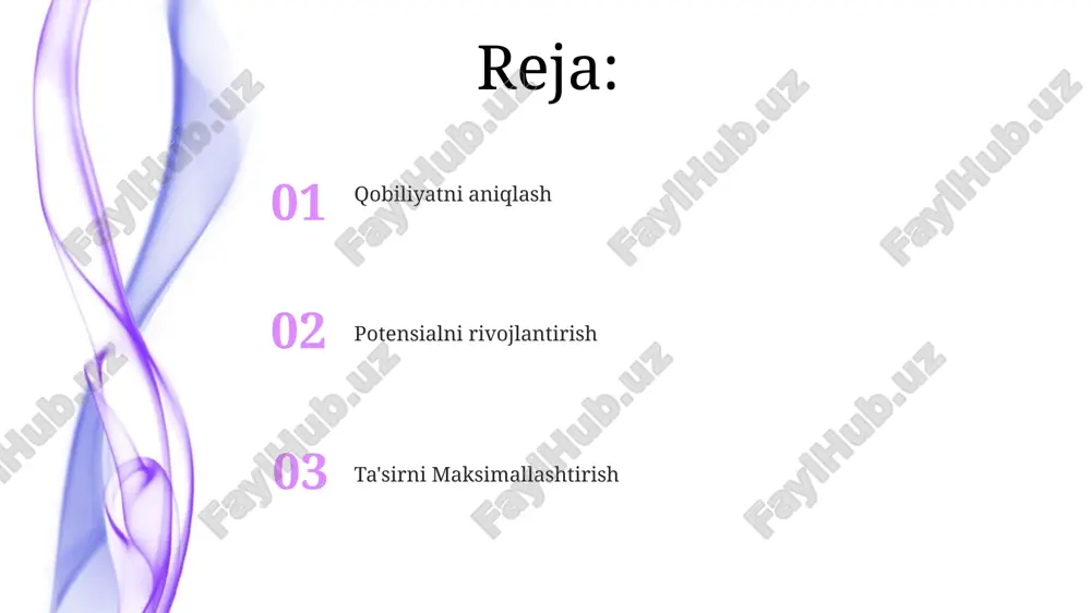jamoalarni tanib olish va ularning o'sishini qo'llab-quvvatlash. xodimlarni jalb qilish talantlarni jalb qilish: bo'sh ish o'rinlari uchun malakali nomzodlarni topish va jalb qilish. potensial: kelajakdagi o'sish va rivojlanish qobiliyati. qobiliyat: shaxslarning egallagan ko'nikmalari, bilimlari va qobiliyatlari. iqtidorni boshqarish potensial: rivojlanish va imkoniyatlar orqali rivojlantirilishi mumkin bo'lgan yashirin imkoniyatlar. qobiliyat: isbotlangan ishlash orqali ko'rsatilgan mavjud ko'nikma va qobiliyatlar. talantlarni boshqarish: qobiliyatli xodimlarni jalb qilish, rivojlantirish va saqlab qolish. qobiliyatni rivojlantirish talantlarni rivojlantirish uchun qo'llab-quvvatlovchi muhit yaratish. ko'nikmalarni rivojlantirish va o'sish uchun imkoniyatlar yaratish. tug'ma qobiliyatlarni aniqlash va rivojlantirish. potensial bahosi add text add text add text add text add text add text hozirgi qobiliyatlarni baholash va kelajakdagi ishlarda ko'rsatilishini bashorat qilish. shaxsning ko'nikmalari, qobiliyatlari va o'sish potentsialini aniqlash va baholash. baholash, kuzatish va suhbatlar yordamida kuchli tomonlar, zaif tomonlar va rivojlanish sohalarini aniqlash. potensialni rivojlantirish 01 02 03 o'rganish va rivojlanish uchun imkoniyatlar yarating. mavjud ko'nikma va qobiliyatlarni aniqlash va rivojlantirish. …