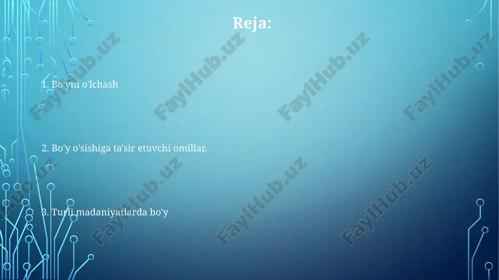 m omil hisoblanadi. bo'y balandligi vaznning taqsimlanishiga ta'sir qiladi va bu yurak-qon tomir salomatligi, mushak-skelet tizimi salomatligi va ba'zi surunkali kasalliklar xavfini o'zgartirishi mumkin. bo'yingizni bilish, vaznni boshqarish, kasalliklardan himoyalanish va shaxsiylashtirilgan tibbiy yordamni o'z ichiga olgan aniq sog'liqni saqlash baholarini o'tkazish uchun juda muhimdir. e'tiboringiz uchun rahmat @taqdimot_robot image1.png image2.png image3.png image4.png image5.png