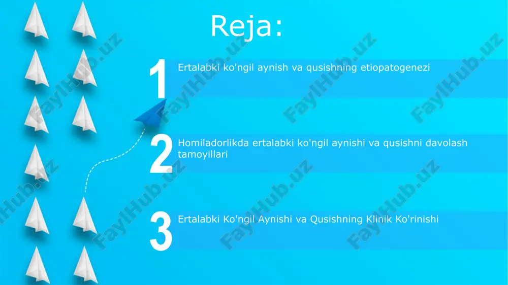 ta'minlash. etiopatogenez etiopatogenez aniq emas, ehtimol gormonal va metabolik o'zgarishlar tufayli. tasnif: yengil ko'ngil aynishdan og'ir qusishgacha (giperemesis gravidarum). davolash printsiplari davolash printsiplari: turmush tarzini o'zgartirish, dori-darmonlar (vitamin b6, qusishga qarshi dori-darmonlar) va alternativ davolash usullari. klinik ko'rinish: ko'ngil aynishi, qusish, ko'pincha ertalab, turli darajada og'irlik. tasniflash davolash printsiplari: gidratatsiyaga va simptomni boshqarishga e'tibor qaratish, shu jumladan dieta o'zgartirish, antiemetiklar va og'ir hollarda, tomir ichiga suyuqliklar va kasalxonaga yotqizish. 06 05 04 01 02 davolash: ovqatlanishdagi o'zgarishlarga, suv ichishga va agar kerak bo'lsa, qusishga qarshi dorilarga e'tibor berish. homiladorlikda ko'ngil aynishi va qusish: gormonlar o'zgarishi tufayli homiladorlik davrida ko'pincha kuzatiladigan holat. ko'ngil aynishi alomatlar engil ko'ngil aynishdan og'ir qusishgacha (giperemesis gravidarum) o'zgarib turadi, bu esa suvsizlanish va vazn yo'qotishga olib kelishi mumkin. homiladorlikda ko'ngil aynishi va qusish keng tarqalgan bo'lib, odatda birinchi trimestrda bo'lib, gormonal o'zgarishlar tufayli yuzaga keladi. e'tiboringiz uchun rahmat @taqdimot_robot image5.jpg image6.jpg image7.jpg image8.jpg image9.jpg image10.jpg image11.jpg …