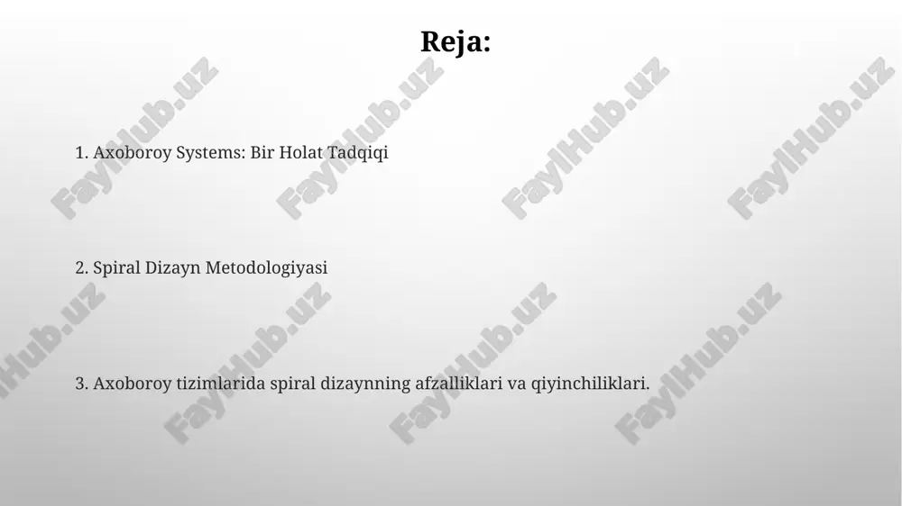 riga e'tibor qaratadi. spiral model xatarlarni baholash va kamaytirishga ustunlik beradi, agile esa tezkor takrorlash va mijozlar bilan hamkorlikka e'tibor qaratadi. spiral model: umumiy ma'lumot har bir tsikl tizimning bir qismini loyihalash va amalga oshirishni o'z ichiga oladi, bu esa doimiy fikr-mulohaza va sozlamalarni amalga oshirishga imkon beradi. xavfni boshqarishga urgʻu beradi va bir qator tsikllarni oʻz ichiga oladi, har bir tsikli rejalashtirish bilan boshlanadi va baholash bilan yakunlanadi. axoboroy tizimlar uchun spiral model har bir iteratsiyada xavfni baholash va boshqarishga e'tibor qaratiladi. takrorlanuvchi va xatarga asoslangan rivojlanish prototip bilan. spiral modelning qiyinchiliklari va cheklovlari modelning murakkabligini boshqarish uchun yuqori malakali va tajribali dasturchilar talab etiladi. dastlabki bosqichlarda harakat va xarajatlarni aniq baholab bo'lmaydi. spiral modelning afzalliklari. xatarni kamaytirish uchun bosqichma-bosqich rivojlantirish va erta prototiplash. hayot davomida davom etadigan sinov va fikr-mulohazalar orqali sifatni yaxshilash. spiral modelda dizayn va rivojlantirish axoboroy tizimlari uchun spiral dizayn uslubi - bu axoboroy tizimlarining …