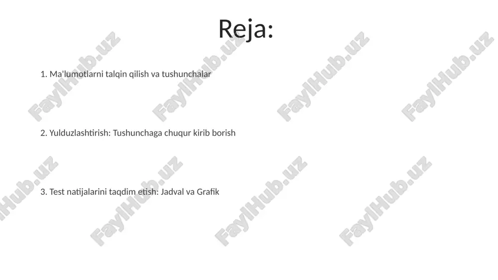 itlari kabi omillar ta'sirida murakkab jarayon. yulduzlashga kirish test natijalarini taqdim etish: bu bo'lim yulduzlashtirish testlarining natijalarini taqdim etishga, ehtimol ma'lumotlar jadvallari, grafiklar va tahlillarni o'z ichiga olishi mumkin. yulduzlashga kirish: bu bo'lim yulduzlash jarayonining asosiy tushunchalarini, nima ekanligini va qanday ishlashini tushuntirib beradi. jadval va grafik: bu bo'lim yulduzlash sinovlari natijalarini aniq va tushunarli tarzda, ehtimol ma'lumotlarni namoyish qilish uchun jadvallar va grafiklardan foydalanib taqdim etishi mumkin. kelajakdagi tavsiyalar kelajakdagi tavsiyalar: test natijalariga asoslangan holda, yaxshilanishga muhtoj sohalarga qaratilgan amaliy qadamlarni taklif qiling. yulduzlashtirish: test natijalariga yulduz reytinglarini berish, natijalarni aniq ko'rsatib, mukammallik sohalarini ta'kidlash. test natijalarini taqdim etish: test ma'lumotlarini vizual jihatdan jozibali va tushunarli tarzda etkazish uchun jadvallar va grafiklar kombinatsiyasidan foydalaning. sinov o'rnatish va metodika natijalarni taqdim etish: natijalarni jadvallar va grafiklar yordamida taqdim eting va topilmalarni aniq tasvirlab bering. tajriba sozlamalari va metodologiyasi: tajribani o'tkazish uchun ishlatilgan muhit, vositalar va protseduralarni tavsiflang. sinov ma'lumotlarini qanday …