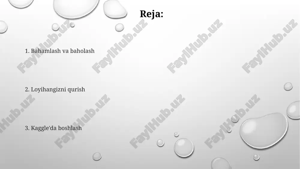 ni aniq va takrorlanuvchan qilish uchun. modelni o'qitish va baholash: ma'lumotlar to'plamini ishlatib mashina o'rganish modelini o'rgating va aniqlik, aniqlik va eslash kabi ko'rsatkichlar yordamida uning ishlashini baholang. loyiha doirasini va maqsadlarini ma'lumotlarni, tahlil usullarini va rejalashtirilgan modellarni bayon qiling. loyiha maqsadlari va kutilgan natijalarni aniq belgilang. loyiha natijalarini, vaqt jadvalini va resurs talablarini aniqlash. xususiyat muhandisligi xususiyat muhandisligi xom ma'lumotlarni modelning ishlashini yaxshilaydigan ma'noli xususiyatlarga aylantirishni o'z ichiga oladi. xususiyat muhandisligi uchun siz bir-issiq kodlash, xususiyat masshtablash va o'lchovliligi kamaytirish kabi turli xil usullarni qo'llashingiz mumkin. kaggle loyihasi odatda ma'lumotlarni o'rganish, modellashtirish va baholash uchun bashoratlarni topshirishni o'z ichiga oladi. kaggle loyihalari uchun eng yaxshi amaliyotlar ma'lumotlarni chuqur o'rganib chiqing va tahlil qiling, asosiy tushunchalarni vizualizatsiya qiling. muammoningizni aniq belgilang va maqsadli o'zgaruvchini aniqlang. bir nechta modelni quring va solishtiring, ularning samaradorligini tegishli ko'rsatkichlar bilan baholab. giperparametrlarni sozlash kaggle lo'yihasi yaratish: kaggle platformasida ma'lumotlarni tahlil qilish, modellashtirish va natijalarni …