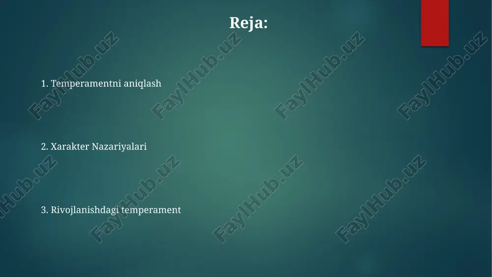 a rivojlanishini tushuntirishga harakat qiladi. temperamentni o'lchash xulq-atvor uslubi va hissiy reaksiyaning individual farqlarini baholashni o'z ichiga oladi. umumiy usullar orasida so'rovnomalar, xulq-atvor kuzatuvlari va fiziologik o'lchovlar mavjud. temperament nazariyalari asosiy nazariyalar: gipokratning to'rt xil suyuqliklar, sheldonning somatotiplari va tomas & chessning temperament turlari. nazarlar biologik, psixologik va atrof-muhit ta'sirlari haqida. temperament, shaxsning tug'ma xulq-atvor uslubi. e'tiboringiz uchun rahmat @taqdimot_robot image1.png image2.png image3.png image4.png image5.png image6.png image7.png image8.png image9.png image10.png