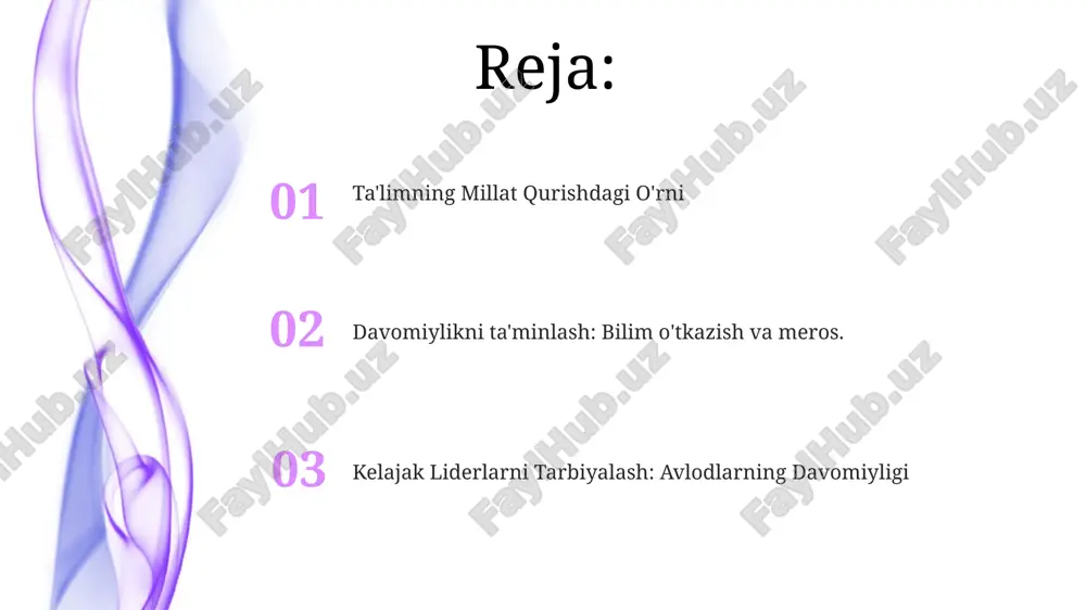'zgartirmoqda. siyosiy qutblashuv va ijtimoiy beqarorlik kuchayishi avlodlar o'rtasida qadriyatlar va normalarning o'tishini qiyinlashtiradi. jamoatchilik faolligini va ijtimoiy mas'uliyatni rag'batlantirish jamiyatlardagi vorislik rejalashtirish fuqarolik qadriyatlari va rahbarlikning davomiyligini ta'minlaydi. ta'lim mas'uliyatli fuqarolarni shakllantirish va avlodlararo tushunishni rivojlantirishda muhim rol o'ynaydi. sifatli ta'limga kirishni ta'minlash avlodlar o'rtasida bilim va ko'nikmalar davomiyligini ta'minlash. talabalarning muvaffaqiyatga erishishiga tayyorlaydigan yuqori sifatli o'quv tajribalarini targ'ib qilish. milliy ta'limni aniqlash milliy ta'lim milliy identifikatsiya va qadriyatlarni shakllantirishni maqsad qilgan o'quv dasturi, maqsadlar va standartlarni o'z ichiga oladi. milliy ta'lim avlodlar o'rtasida bilim, ko'nikma va qadriyatlarni uzatishda, madaniy identifikatsiya va jamiyat rivojlanishini shakllantirishda muhim rol o'ynaydi. milliy ta'limga tarixiy nuqtai nazardan qarash 01 02 milliy ta'lim tarix davomida jamiyat qadriyatlari va ehtiyojlarining o'zgarishiga mos ravishda rivojlanib kelgan. bu kelajak avlodlarga bilim, qadriyatlar va madaniy merosni o'tkazishda muhim rol o'ynaydi. sales 1st qtr 2nd qtr 100 0 sales 1st qtr 2nd qtr 100 0 e'tiboringiz uchun rahmat @taqdimot_robot …