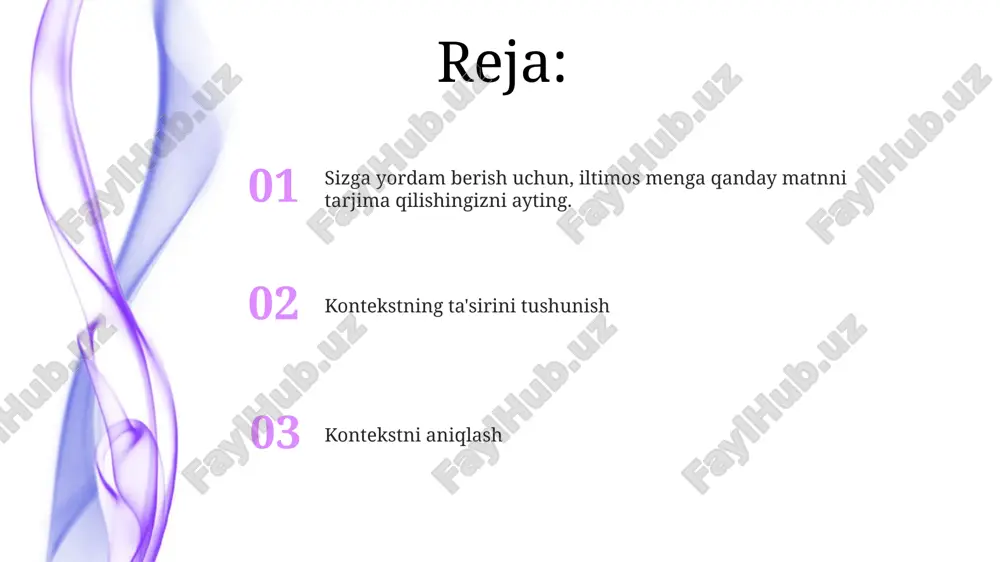 shga, anachronizmli hukmlar va noto'g'ri talqinlardan qochishga yordam beradi. kommunikatsiyadagi kontekst kontekst xabarlar qanday talqin qilinishi va muloqot qanday rivojlanishini ta'sir qiladi. u fizikiy, ijtimoiy, madaniy va psixologik omillarni o'z ichiga oladi. kontekstni aniqlash kontekst tushunchasi biror narsaning atrof-muhit va kelib chiqishini hisobga olishning muhimligini ta'kidlaydi. kontekst bizga ma'lumot yoki harakatlarning ma'nosi va ahamiyatini tushunishga yordam beradi. e'tiboringiz uchun rahmat @taqdimot_robot image4.jpg image5.jpg image6.jpg image7.jpg image8.jpg image9.jpg image10.jpg image11.jpg image12.jpg image13.jpg image14.jpg image1.jpeg image2.jpeg image3.jpeg