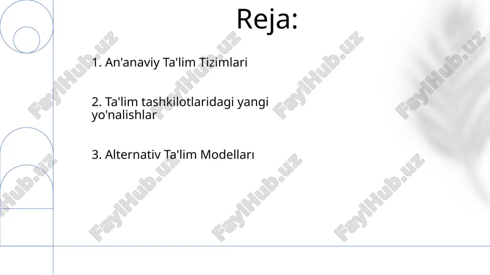 o'pincha ma'lum ko'nikmalar yoki qiziqishlar uchun o'rganish. 8. zamonaviy ta'lim zamonaviy ta'lim talaba markazli o'qitish, texnologiya integratsiyasi va tanqidiy fikrlash ko'nikmalariga e'tibor qaratadi. ta'lim shakllari an'anaviy maktab ta'limi, onlayn ta'lim, uyda o'qitish va alternativ ta'lim dasturlarini o'z ichiga oladi. 9. kasb-hunar ta'limi ta'lim tashkilot shakllari: maktablar, kollejlar, universitetlar va onlayn platformalar. kasb-hunar ta'limi: amaliy mashg'ulotlar orqali o'quvchilarni muayyan kasblarga tayyorlaydi. e'tiboringiz uchun rahmat @taqdimot_robot image1.png image2.jpg image3.jpg image4.jpg image5.jpg image6.jpg image7.jpg image8.jpg image9.jpg image10.jpg