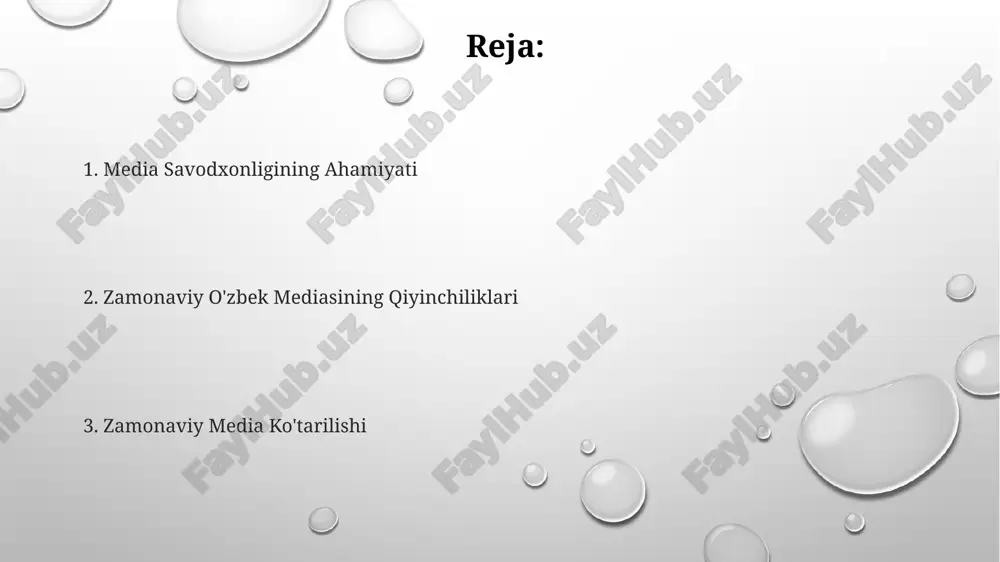 i muhim qiladi. media savodxonligi bizni ma'lumotning xabardor va mas'uliyatli iste'molchisi bo'lishga imkon beradi. yolg'on va propaganda ni tan olish axborotni tanqidiy baholashga yordam beradi. e'tiboringiz uchun rahmat @taqdimot_robot image1.png image2.png image3.png