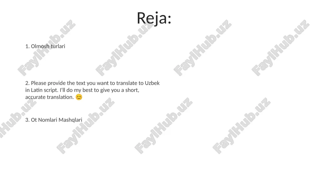 (uning) kitobini (uning kitobini) menga (menga) berdi, lekin men (men) uni (uni) o'qimadim. keyin u (u) uni (uni) o'zi (o'zi) o'qidi. olmoshlar: kirish, mavzu bo'yicha vazifalarni bajaring: ot (3 mashq yozing). o'zbek tilida, to'g'ri ismlarni lotin yozuvida yozishda quyidagi qoidalarga amal qilinadi: * **ismlar:** o'zbekcha yozilganidek yoziladi. masalan, "ali", "gulnora", "tohir". * **familiyalar:** o'zbekcha yozilganidek yoziladi. masalan, "xolmatov", "abdurahmonova", "ismoilov". * **shaharlar, viloyatlar va mamlakatlar:** o'zbekcha yozilganidek yoziladi mashq 1: berilgan paragrafda to'g'ri nomlarni aniqlang. to'g'ri nomlar: misollar: london, shekspir, amazon daryosi. men do'stim bilan do'konga bordim. ular non sotib olishdi, lekin u eski edi. biz o'rniga pizza baham ko'rdik va u mazali edi. mulkdor so'zlar egalikni ko'rsatadi, masalan, mening, sening, uning, uning, uning, bizning va ularning. meniki, seniki, uniki, bizniki, sizniki, ularniki jamoa otlar it is: it: it is: it is: it is: it is: it is: 1-mashq: kollektiv otlarni ishlatib 5 ta gap yozing. 2-mashq: har bir gapdagi …
