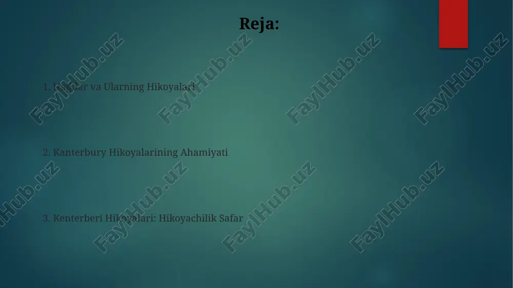 ib beriladi. hajiylar: xilma-xil guruh "kenterberi hikoyalari" turli xil ziyoratchilar guruhining kenterberi soboriga sayohat qilganini tasvirlaydi. bu hikoyalar to'plami asarning markaziy hikoyasini tashkil qiladi. kenterberi hikoyalari: kirish hikoyalar safar davomida vaqtni o'tkazish uchun aytiladi. "kenterberi hikoyalari" bir guruh ziyoratchilar tomonidan aytib berilgan hikoyalar to'plami. "kenterberi hikoyalari"ni o'rganish: manbalar va vositalar "kenterberi hikoyalari" - bu kenterberi sobori tomon sayohat qilayotgan ziyoratchilar guruhi tomonidan aytilgan hikoyalar to'plami. hikoyalarni muvaffaqiyatli o'rganish uchun ularning konteksti, personajlari va mavzusini tushunish muhimdir. zamonaviy davrda canterbury hikoyalari hikoyalar xilma-xil bo'lib, o'rta asr ingliz jamiyatiga tushuncha beradi. har bir ziyoratchining hikoyasi uning shaxsiyatini va ijtimoiy mavqeini ochib beradi. kenterberi hikoyalari va ijtimoiy tanqid "kenterberi hikoyalari" - bu kenterberi soboriga sayohat qilayotgan turli xil ziyoratchilar tomonidan aytib berilgan hikoyalar to'plami. til va uslub: o'rta ingliz tili va hikoya aytish hikoyalar bir guruh ziyoratchilar tomonidan aytiladi. "kenterberi hikoyalari" hikoyalar to'plami. yakunlanmagan loyiha: chaucerning merosi "kenterberi hikoyalari" hikoyalar to'plami. hajjilar kanterberi …