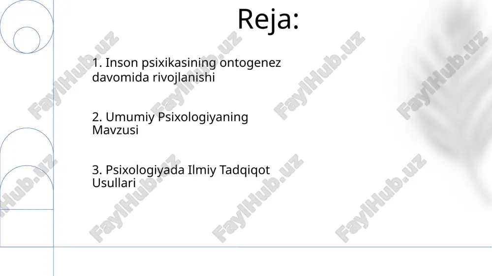 lik ilmiy tadqiqot usullari: inson psixikasini o'rganish va tushunish uchun qo'llaniladi, jumladan kuzatish, tajriba o'tkazish va so'rovnomalar. umumiy psixologiya: inson ongini va xulq-atvorini hayot davomida, shu jumladan uning kelib chiqishi va rivojlanishini o'rganadi. 9. umumiy psixologiyaning asosiy o'rganish sohalari inson xulq-atvori va ruhiy jarayonlarini o'rganish. ilmiy tadqiqot usullari: tajriba, so'rovnoma, holatni o'rganish, tabiiy kuzatish. 10. xulosa umumiy psixologiya inson xulq-atvori va ruhiy jarayonlarini o'rganadi. bu hodisalarni ob'ektiv ravishda o'rganish uchun ilmiy usullar qo'llaniladi. 11.umumiy psixologiyaning sohasi ushbu soha idrok, o'rganish, xotira, motivatsiya, hissiyot, shaxsiyat va ijtimoiy xulq-atvor kabi mavzularda tadqiqot olib boradi. umumiy psixologiya psixologik hodisalarni tushunish uchun tajribalar, so'rovnomalar va kuzatuvlar kabi usullarni qo'llagan holda, ilmiy tadqiqot usullaridan foydalangan holda ma'lumotlarni to'playdi va tahlil qiladi. 12.inson ruhiyatining rivojlanishi inson ruhiyatining rivojlanishi umr bo'yi kognitiv, hissiy va ijtimoiy qobiliyatlarning o'zgarishini o'z ichiga oladi. psixologiyadagi ilmiy tadqiqot usullari ushbu jarayonlarni ob'ektiv ravishda o'rganish uchun tajribalar, so'rovnomalar va kuzatuv tadqiqotlarini o'z ichiga …