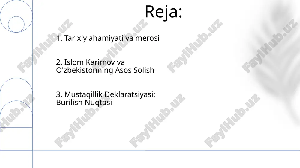 kmronligi iqtisodiy taraqqiyot va avtoritarizm bilan belgilangan murakkab meros qoldirdi. mustaqillik deklaratsiyasi o‘zbekistonning suverenitetini e’lon qildi va uning siyosiy manzarasida sezilarli o‘zgarishlarni belgilab berdi. 8. xulosa va kelajakdagi imkoniyatlar deklaratsiya, oʻzbekistonning oʻz taqdirini oʻzi belgilash va mustaqillik uchun intilishlarining choʻqqisidir, shuning uchun tarixiy ahamiyatga ega. 1991 yil 31 avgustda qabul qilingan mustaqillik deklaratsiyasi o'zbekistonning sovet ittifoqidan ajralib chiqishini va mustaqil davlat sifatida tashkil topishini belgilab berdi. 9. iqtisodiy va ijtimoiy islohotlar iqtisodiy va ijtimoiy islohotlar: karimov bozor islohotlari va xususiylashtirishni amalga oshirdi. mustaqillik deklaratsiyasi: 1991-yil 31-avgustda e'lon qilingan, o'zbekistonning sovet ittifoqidan mustaqilligini belgilab bergan. 10. karimovning millatni shakillantirishdagi rolini karimovning o'zbekistonning identifikatsiyasi va mustaqilligini shakllantirishdagi roli. o'zbekistonning mustaqillik e'lon qilishi va sovet ittifoqi parchalanishidagi ahamiyati. 11.islom karimovning erta hayoti va faoliyati islom karimov 1938-yilda o'zbekistonda tug'ilgan. u siyosatga kirishdan oldin muhandis sifatida faoliyatini boshlagan. 1991-yilda oʻzbekiston sovet ittifoqidan mustaqilligini e'lon qildi. karimov yangi mustaqil davlatning birinchi prezidenti boʻldi. 12.mustaqillik tarixiy …