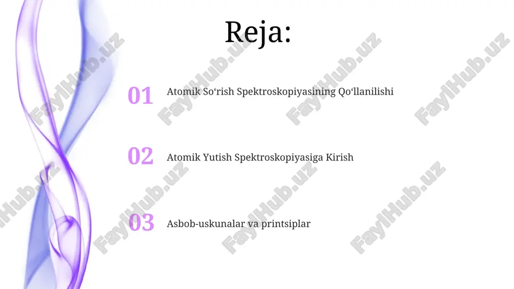 ngan. ishlatish va parvarish qilish oson. yuqori sezgirlik va aniqlik bilan iz elementlarini tahlil qilish. aasning qo'llanilishi oziq-ovqat xavfsizligi: sifat va xavfsizlikni ta'minlash uchun oziq-ovqat mahsulotlaridagi iz elementlarini tahlil qilish. klinik kimyo: biologik namunalardagi metallar konsentratsiyasini aniqlash. atrof-muhitni monitoring qilish: suv, tuproq va havodagi og'ir metallarni o'lchash. asboblar bo'sh katod lampasi: tahlil qilinayotgan moddaga xos nur chiqaradi. spektrometr: to'lqin uzunlig'iga qarab yorug'likni ajratib, yutilishni o'lchaydi. atomizator: namunani bug'lattiradi va atomlarga aylantiradi. namuna tayyorlash erish: namuna tahlil qilinishi mumkin bo'lgan shaklga aylantirish uchun mos erituvchida eritiladi. matritsa o'zgartirish: namoinaga boshqa elementlar yoki matritsa tarkibiy qismlaridan aralashuvni kamaytirish uchun kimyoviy moddalar qo'shiladi. standart qo'shish: analit konsentratsiyasini aniqlash uchun namunaga ma'lum miqdorda analit qo'shiladi. e'tiboringiz uchun rahmat @taqdimot_robot image1.jpeg image2.jpeg image3.jpeg