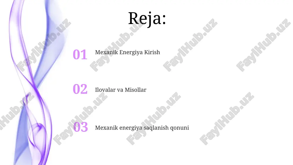 ush va boshqalarga yo'qolgan energiya shu jumladan) doimiy bo'lib qoladi. mexanik energiya saqlanish qonuni yopiq tizimda konservativ bo'lmagan kuchlar bo'lmaganda, umumiy mexanik energiya (potensial + kinetik) doimiy qoladi. mexanik energiya saqlanishining cheklashlari havoning qarshiligi, ishqalanish va issiqlik hosil bo'lish kabi omillarni e'tiborga olmaslikni talab qiladi. konservativ bo'lmagan kuchlar (ishqalanish, havo qarshiligi) mexanik energiyani issiqlikka yo'qotadi. potensial energiya mexanik energiya - bu ob'ektning kinetik va potentsial energiyasining yig'indisi. mexanik energiya saqlanish qonuni: yopiq tizimda umumiy mexanik energiya (potentsial + kinetik) doimiy bo'lib qoladi. kinetik energiya mexanik energiya saqlanish qonuni yopiq tizimdagi umumiy mexanik energiya (potentsial + kinetik) doimiy qoladi, deb aytadi. mexanik energiya potensial va kinetik shakllar o'rtasida o'tishi mumkin, lekin umumiy miqdori o'zgarmaydi. e'tiboringiz uchun rahmat @taqdimot_robot image4.jpg image5.jpg image6.jpg image7.jpg image8.jpg image9.jpg image10.jpg image11.jpg image12.jpg image13.jpg image14.jpg image1.jpeg image2.jpeg image3.jpeg
