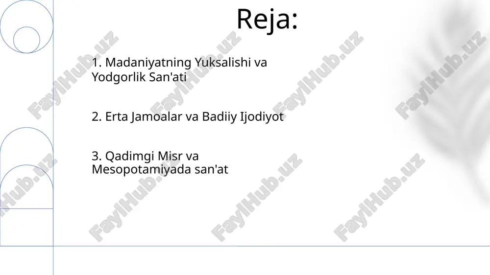 ning rivojlanishi jamoa san'ati: g'or rasmlari va boshqa san'at shakllari jamoa tomonidan yaratilgan bo'lib, jamoaning umumiy tajribalarini va e'tiqodlarini aks ettiradi. ramziy ifoda: dastlabki insonlar g'oyalar, e'tiqodlar va marosimlarni ifodalash uchun ramzlardan foydalana boshladilar. 8. marosimlar va tantanalar rol erta jamiyatlar uchun marosim va tantanalar muhim o'rin tutgan, ular g'ayritabiiy kuchlar bilan aloqa qilish va voqealarga ta'sir o'tkazish vositasi bo'lgan. bu dastlabki san'at shakllari jamoaning o'ziga xosligini aniqlashga, ijtimoiy aloqalarni mustahkamlashga va madaniy bilimlarni saqlab qolishga yordam bergan. 9. g'or rasmlarining ahamiyati erta jamoalar ijtimoiy tuzilmasi va tashkiloti haqida tushuncha. inson badiiy mahorati va ifoda etishning rivojlanishi aks etishi. 10. dunyo bo'ylab dastlabki jamoalarni solishtirish umumiy muammolar: butun dunyo bo'ylab jamoalar o'zlarini saqlab qolish, boshpana va resurslarni boshqarish kabi o'xshash muammolarga duch kelishgan. mintaqaviy farqlar: umumiy qiyinchiliklarga qaramay, badiiy uslublar va madaniy amaliyotlar joylashuv, resurslar va e'tiqodlarga qarab o'ziga xos tarzda rivojlangan. 11.hikoyachilikning tug'ilishi hikoyachilik avlodlarga og'zaki ravishda o'tib kelgan …