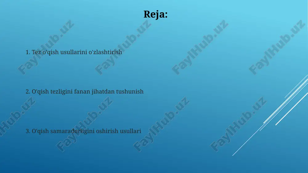 a mashq qiling, bu sizning tezligingizni va tushunishingizni oshirishga yordam beradi. mashq va mashqlar matnni bo'laklarga bo'lish: matnni ma'noli guruhlarga ajratish, ko'z harakatlarini kamaytirish va tushunishni oshirish. ichki ovozni kamaytirish: jim o'qish va tezlikni boshqarish texnikasini qo'llab ichki ovozni minimal darajaga tushiring. faol o'qish strategiyalari matnni bo'laklash: tushunishni va diqqatni yaxshilash uchun matnni kichik bo'laklarga bo'lish. tezkor ko'zdan kechirish va qidirish: sarlavhalar, kichik sarlavhalar va kalit so'zlarga e'tibor qaratib, asosiy ma'lumotlarni tezkor aniqlash. texnologiya yordamida o'qitish tezkor ko'rib chiqish va oldindan ko'rish: o'qishdan oldin kalit ma'lumotlarni tezkor ko'zdan kechirish va mazmunni bashorat qilish. ichki nutqni kamaytirish: o'qish tezligini oshirish uchun ichki ovoz chiqarishni kamaytiring. ko'rishni idrok qilish usullari tezkor qidiruv: muhim ma'lumotlarni tezkor qidirish, ahamiyatsiz tafsilotlarni o'tkazib yuborish. ichki ovozni kamaytirish: o'qish tezligini oshirish uchun ichki ovozni minimallashtirish. tez o'qishning afzalliklari. mashq qilish va maqsadli mashg'ulotlar. bo'laklash, tez o'qish va oldindan ko'rish texnikalari. e'tiboringiz uchun rahmat @taqdimot_robot image1.jpg image2.jpg image3.jpg …