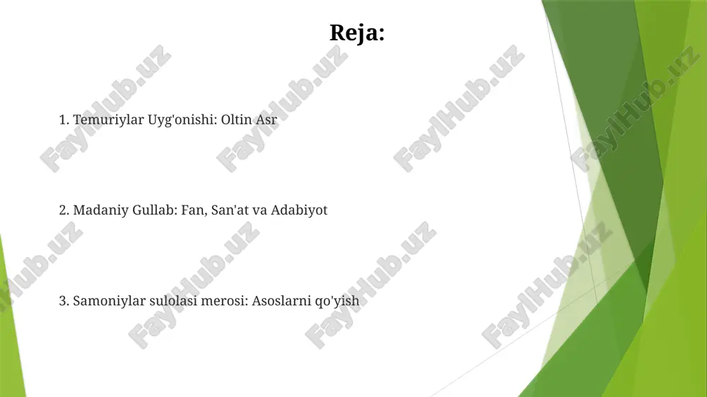 madaniyatiga abadiy meros qoldirgan mashhur olimlar va shoirlar paydo bo‘lgan. samoniylar olimlar va rassomlarni homiylik qildilar, ular fors adabiyoti, me'morchilik va xattotlikda ajoyib asarlar yaratgan gullab-yashnagan intellektual va badiiy muhitni rivojlantirishdi. e'tiboringiz uchun rahmat @taqdimot_robot image1.jpg image2.jpg image3.jpg image4.jpg image5.jpg image6.jpg image7.jpg