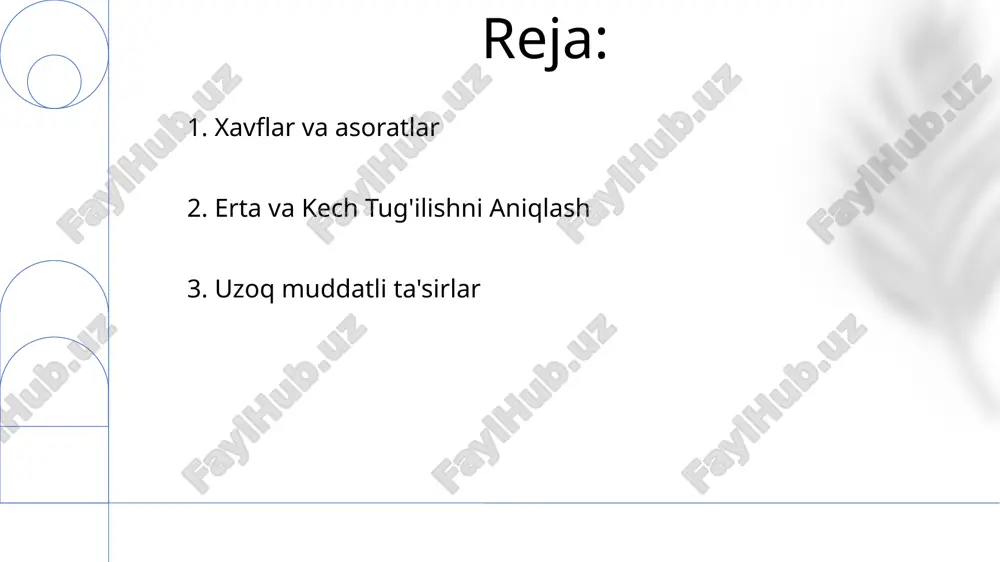 yordam beradi. 5. erta tug'ilishni boshqarish va oldini olish erta va kech tug'ilgan bolalar salomatligi ta'sir qilishi va maxsus g'amxo'rlik talab qiladi. erta tug'ilish: homiladorlikning 37 haftasidan oldin sodir bo'ladigan tug'ilish. kech tug'ilgan: homiladorlikning 42 haftasidan keyin sodir bo'ladigan tug'ilish. 6. erta va kech tug'ilishni aniqlash kech tug'ilish mehnatni rag'batlantirish va sezaryen jarrohligi xavfini oshirish kabi asoratlarga olib kelishi mumkin. ona yosh, sog'liq holati va atrof-muhit omillari kech tug'ilishiga olib kelishi mumkin. erta tugʻilish past tugʻilish ogʻirligi, koʻp homiladorlik va infektsiyalar kabi omillar bilan bogʻliq. 7. tug'ilishning kechikish sabablari kech tug'ilish, tug'ilmagan bola o'limi, sezaryen operatsiyasi va tug'ilish jarohatlarining yuqori xavfi bilan bog'liq. erta tugʻilish miya falaji, oʻqish qobiliyatining buzilishi va surunkali oʻpka kasalliklari kabi uzoq muddatli sogʻliq muammolari xavfini oshiradi. to'liq muddatli tug'ilishlar (39-40 hafta) umuman olganda uzoq muddatli sog'liqni saqlash natijalari yaxshi bo'ladi. 8. erta tug'ilishning uzoq muddatli sog'liqqa ta'siri kech tugʻilishni boshqarish: homila salomatligini kuzatish, zarur boʻlsa …