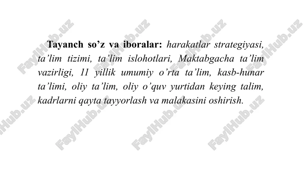 acha ta’lim muassasalari davlat va nodavlattarmog’ini kengaytirish, moddiy-texnika bazasini mustahkamlash, ularni malakali pedagog kadrlar bilan ta’minlash, maktabgacha ta’lim muassasalariga bolalarni qamrab olishni keskin oshirish, ta’lim-tarbiya jarayonlariga zamonaviy ta’lim dasturlari va texnologiyalarini tatbiq etish orqali bolalarni har tomonlama intellektual, ma’naviy-estetik, jismoniy rivojlantirish hamda ularni maktabga tayyorlash sifatini tubdan yaxshilash maqsadida o’zbekiston 4 mazkur farmonda quyidagilar o’zbekiston respublikasi maktabgacha ta’lim vazirligining asosiy vazifalari va faoliyati yo’nalishlari etib belgilandi: birinchidan, maktabgacha ta’lim sohasida yagona davlat siyosatini ishlab chiqish va amalga oshirish; ikkinchidan, ilg’or xorijiy tajribani hisobga olgan holda maktabgacha yoshdagi bolalarni har tomonlama intellektual, axloqiy, estetik va jismoniy rivojlantirish uchun shart-sharoitlar yaratish; uchinchidan, respublikada davlat va nodavlat maktabgacha ta’lim muassasalari orasida sog’lom raqobat muhitini yaratish hisobiga barcha bolalarning maktabgacha ta’lim muassasalariga bosqichma-bosqich qamrab olinishini ta’minlash, ularga soliq imtiyozlari va preferensiyalar berish, byudjetdan subsidiyalar ajratish, shuningdek, bolalarning maktabgacha ta’limi va tarbiyasining muqobil shakllarini amaliyotga tatbiq etish; to’rtinchidan, zamonaviy innovatsion pedagogik texnologiyalarni, ta’lim va tarbiyaning …